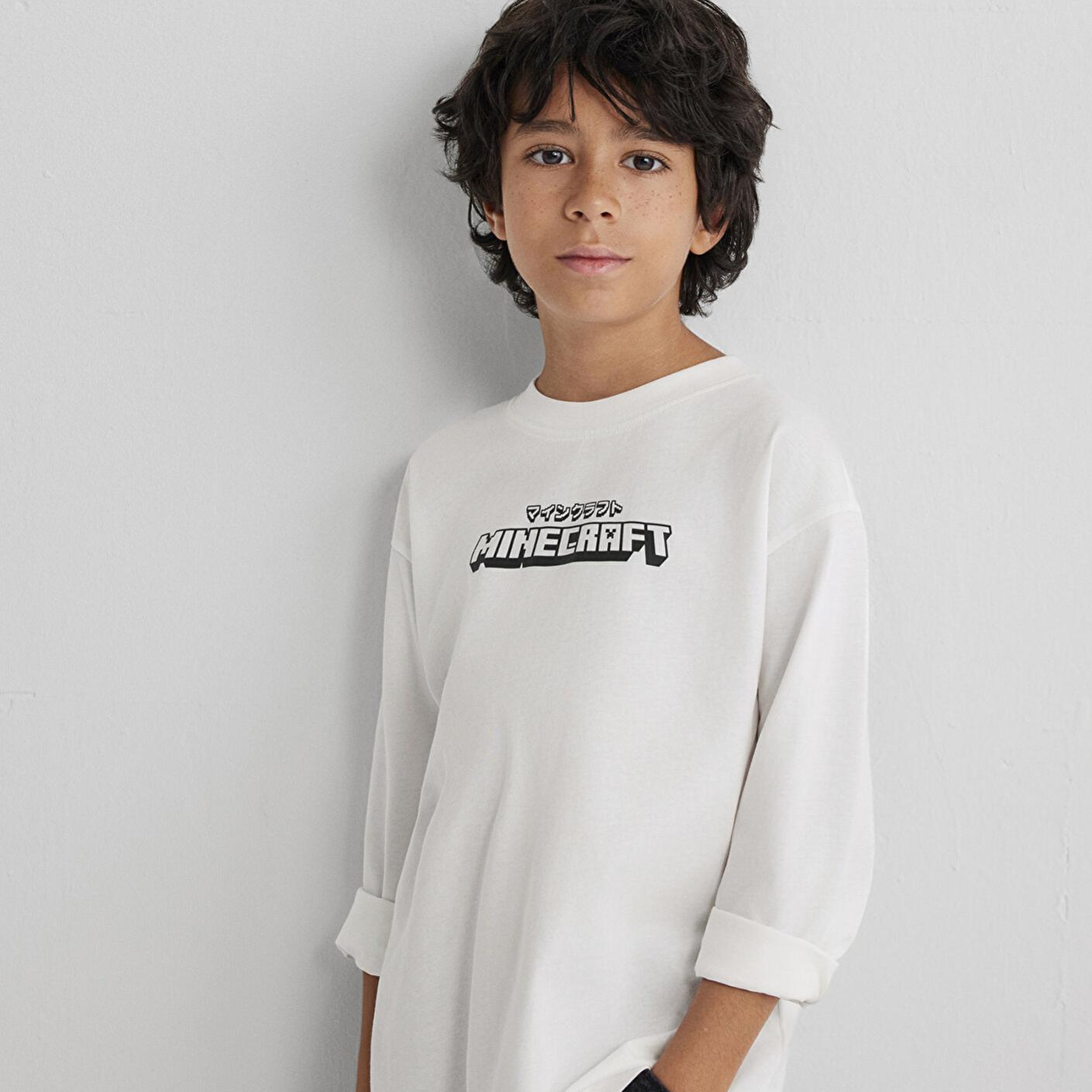 Mavi Minecraft Baskılı Ekru Tişört Loose Fit / Bol Rahat Kesim 6610378-70057