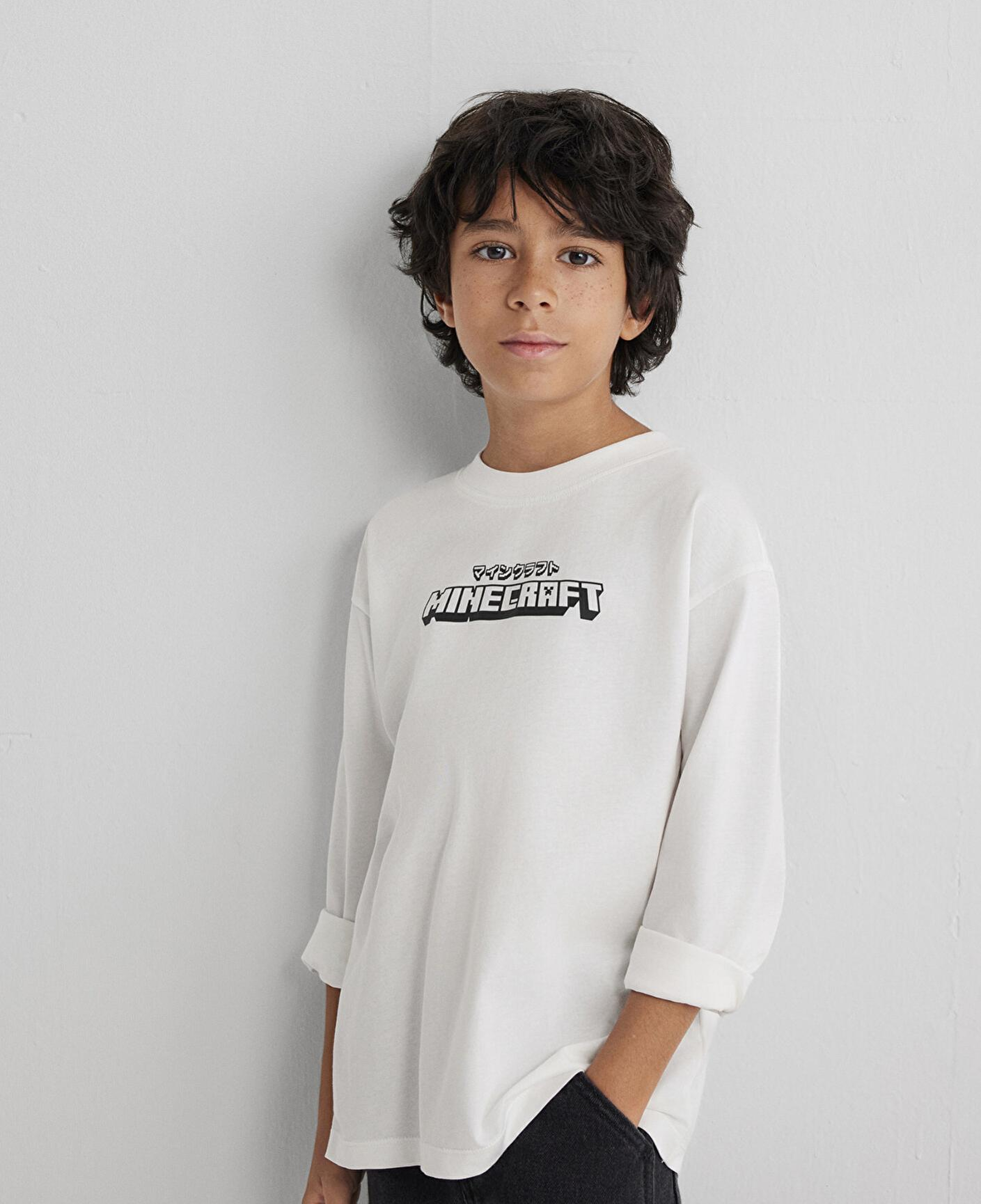 Mavi Minecraft Baskılı Ekru Tişört Loose Fit / Bol Rahat Kesim 6610378-70057