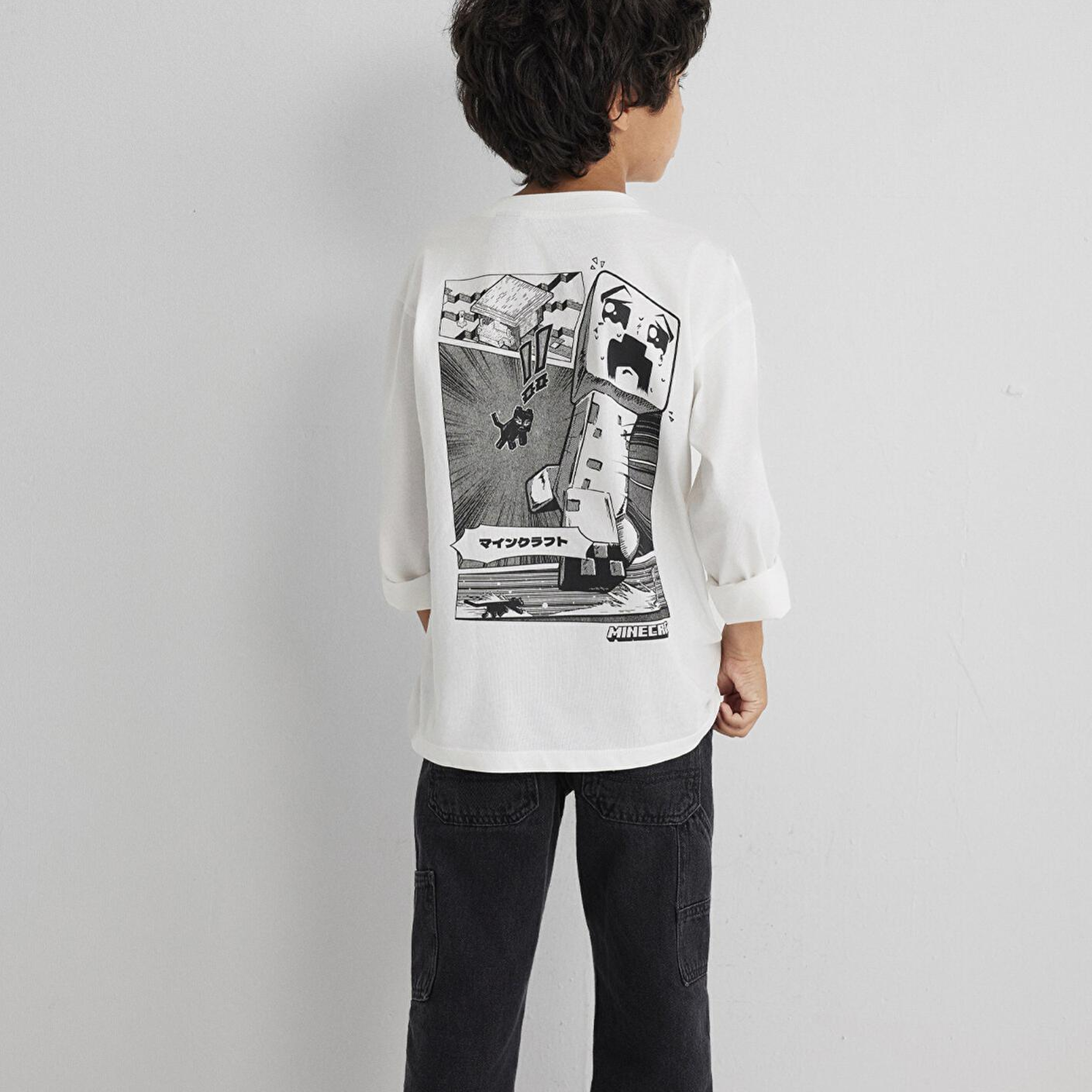 Mavi Minecraft Baskılı Ekru Tişört Loose Fit / Bol Rahat Kesim 6610378-70057