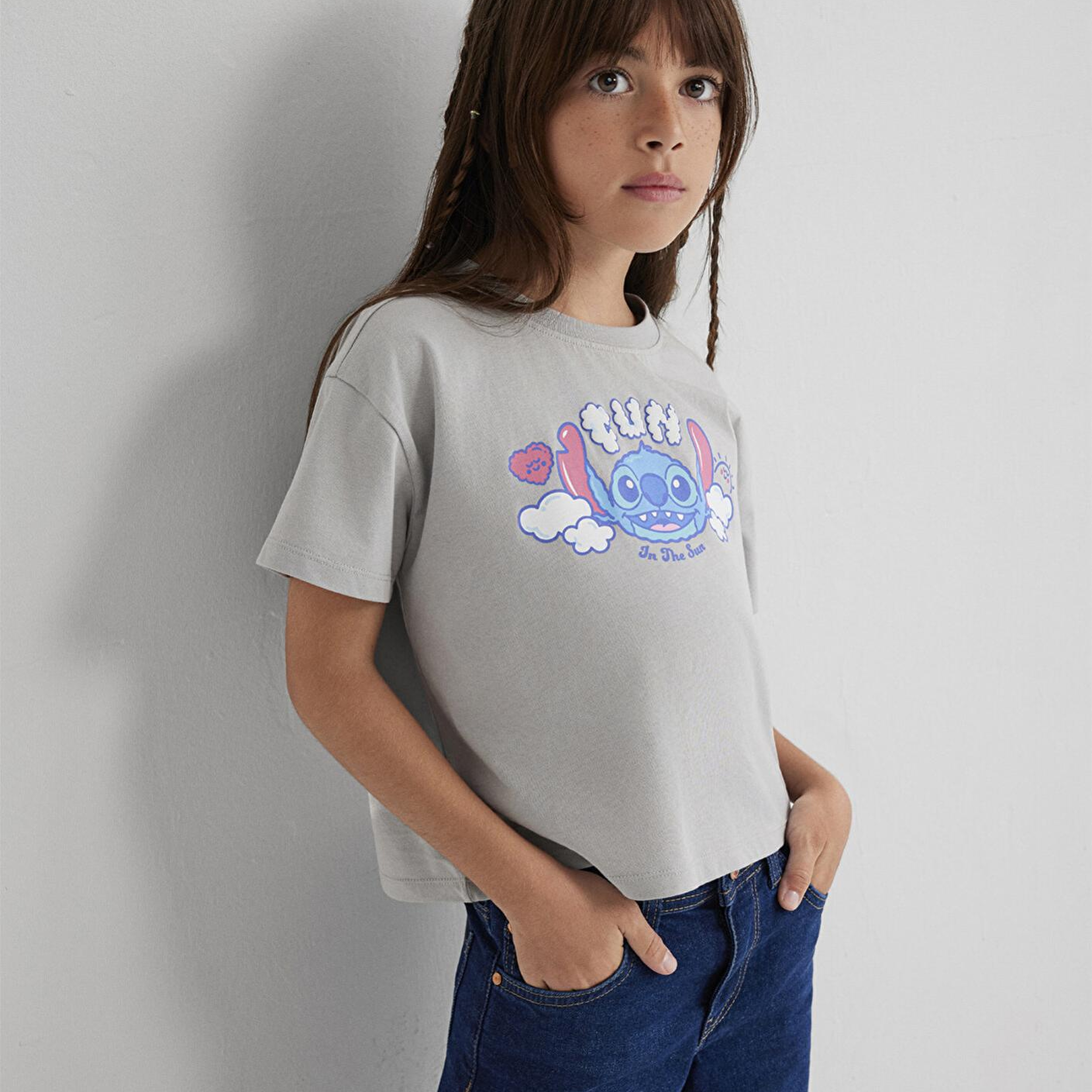 Mavi Stitch Baskılı Gri Tişört Loose Fit / Bol Rahat Kesim 7610374-70075