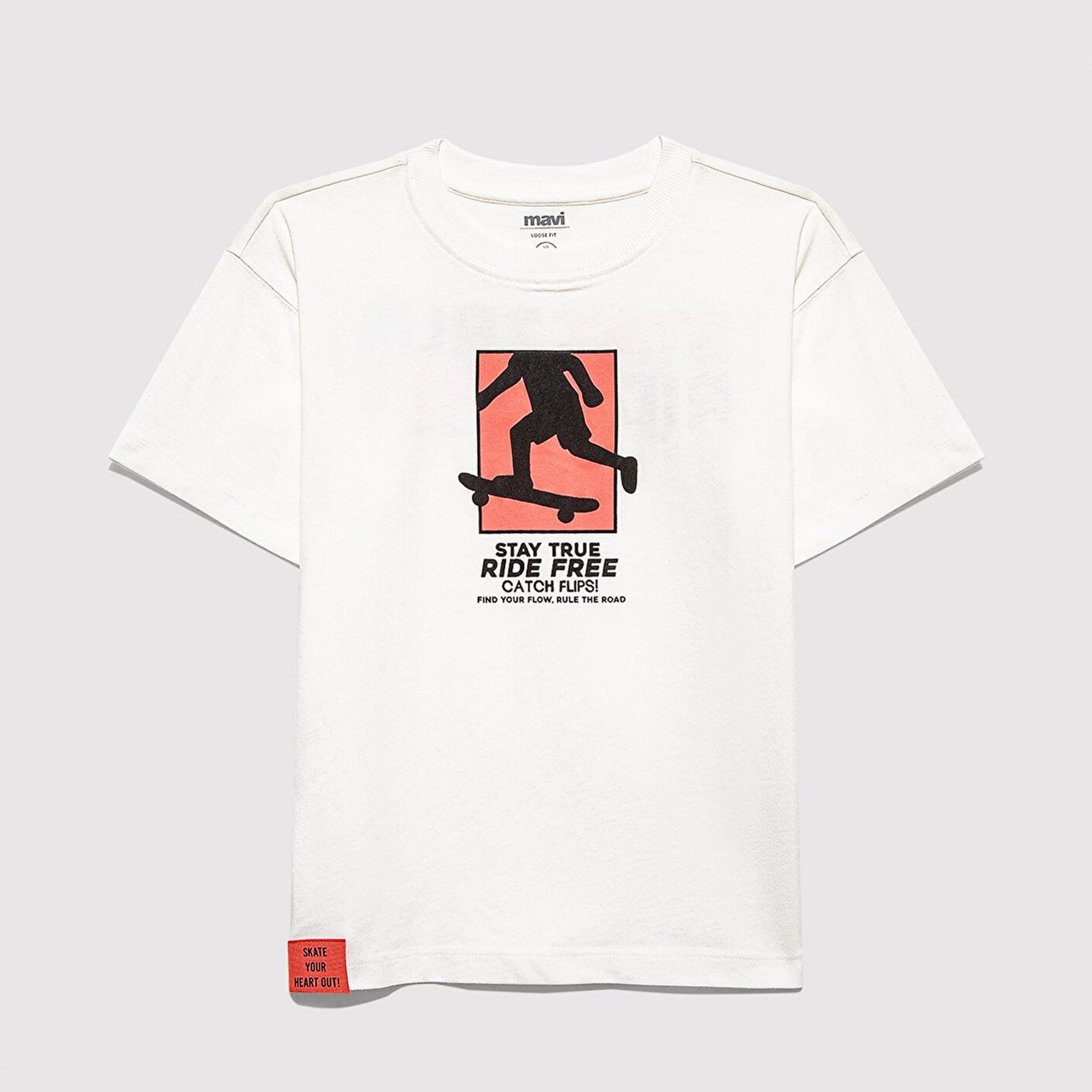 Mavi Baskılı Ekru Tişört Loose Fit / Bol Rahat Kesim 6610367-70057