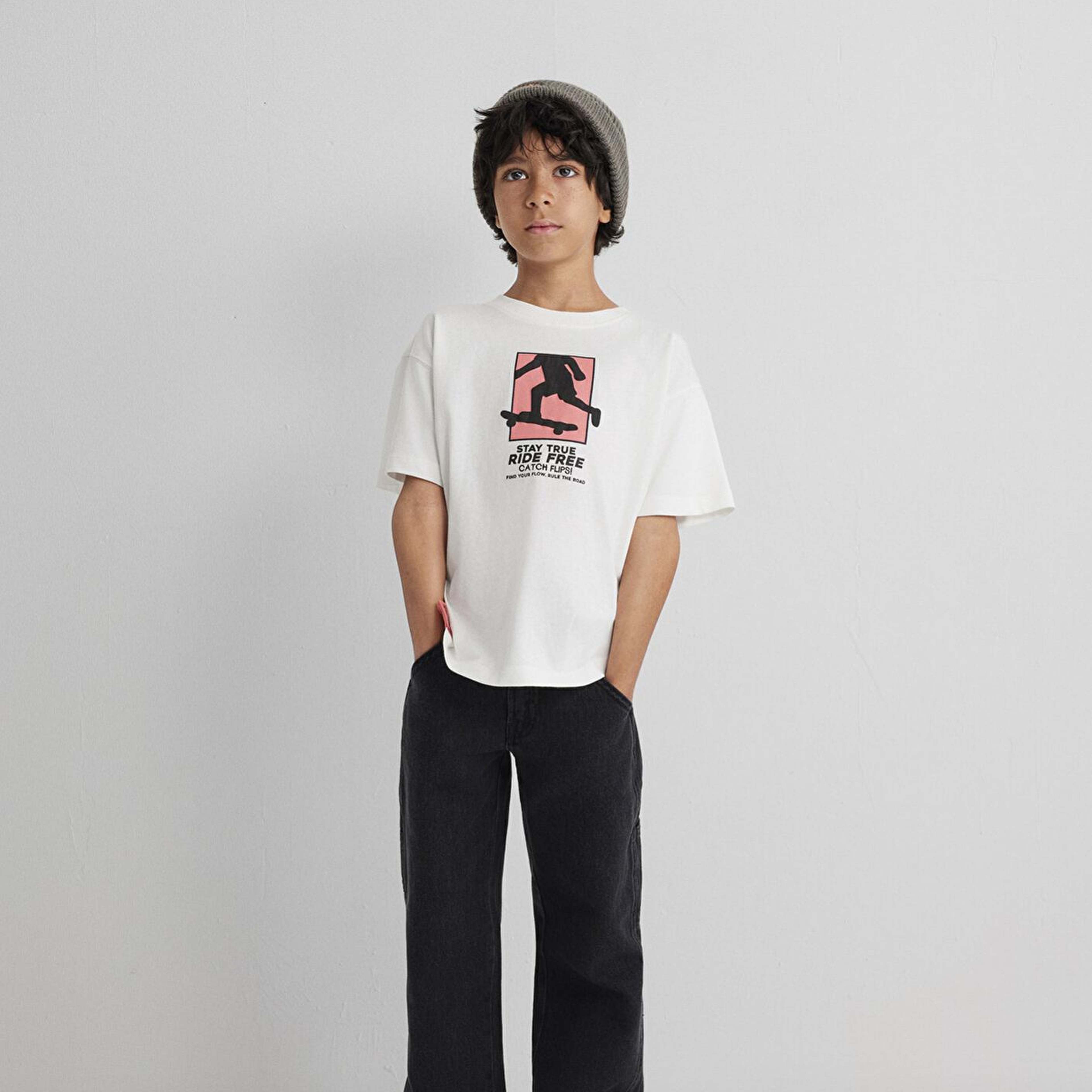 Mavi Baskılı Ekru Tişört Loose Fit / Bol Rahat Kesim 6610367-70057