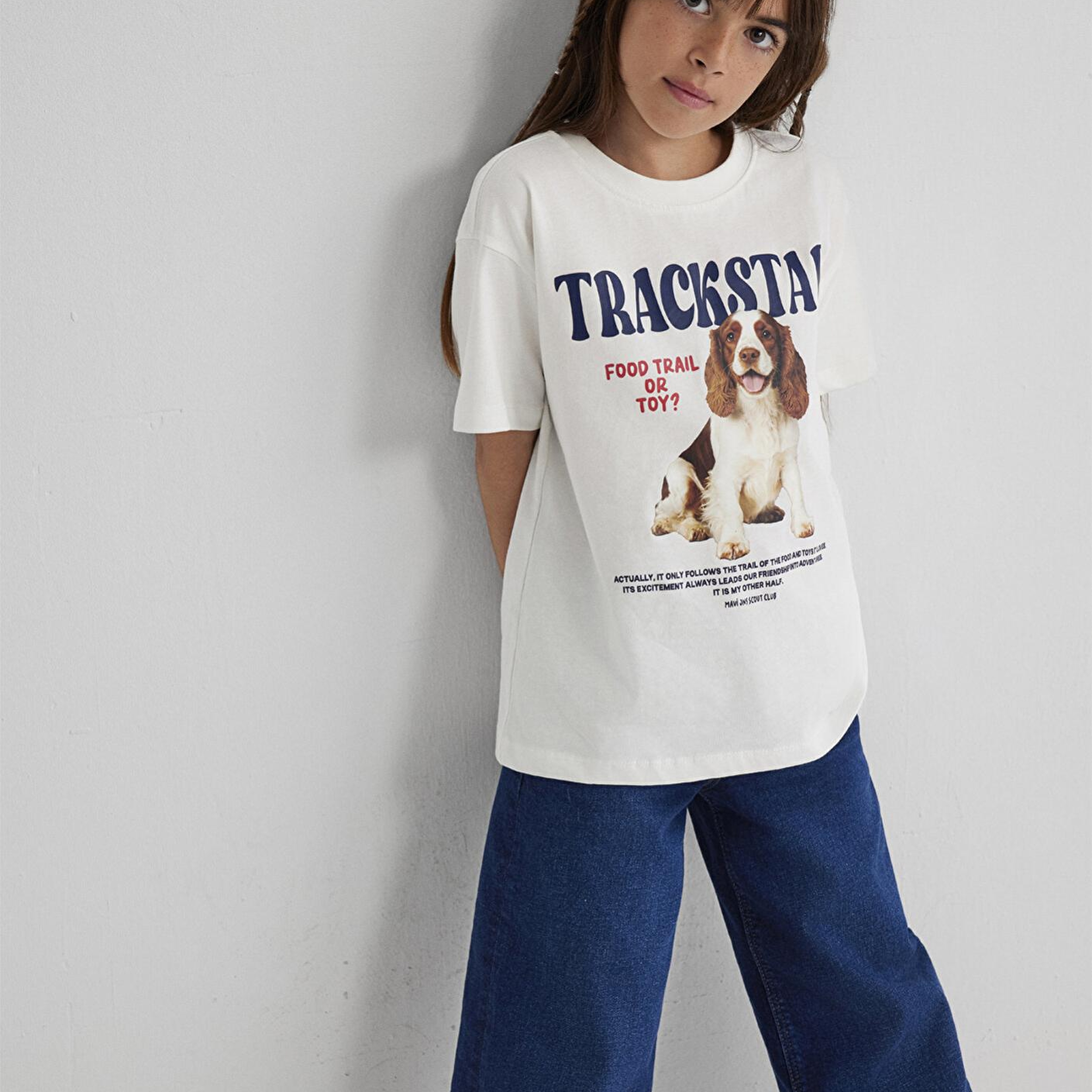 Mavi Baskılı Ekru Tişört Loose Fit / Bol Rahat Kesim 7610347-70057