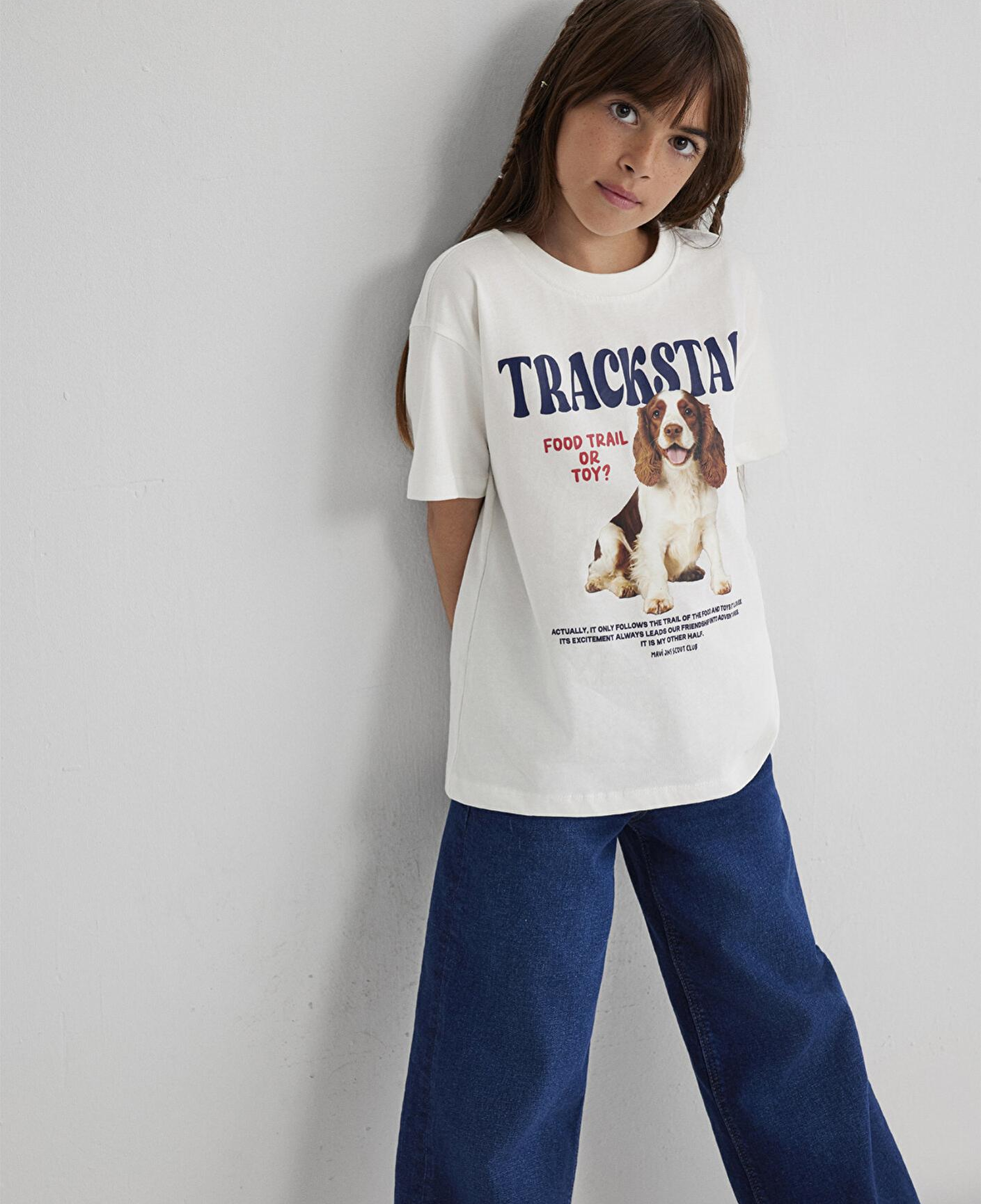 Mavi Baskılı Ekru Tişört Loose Fit / Bol Rahat Kesim 7610347-70057