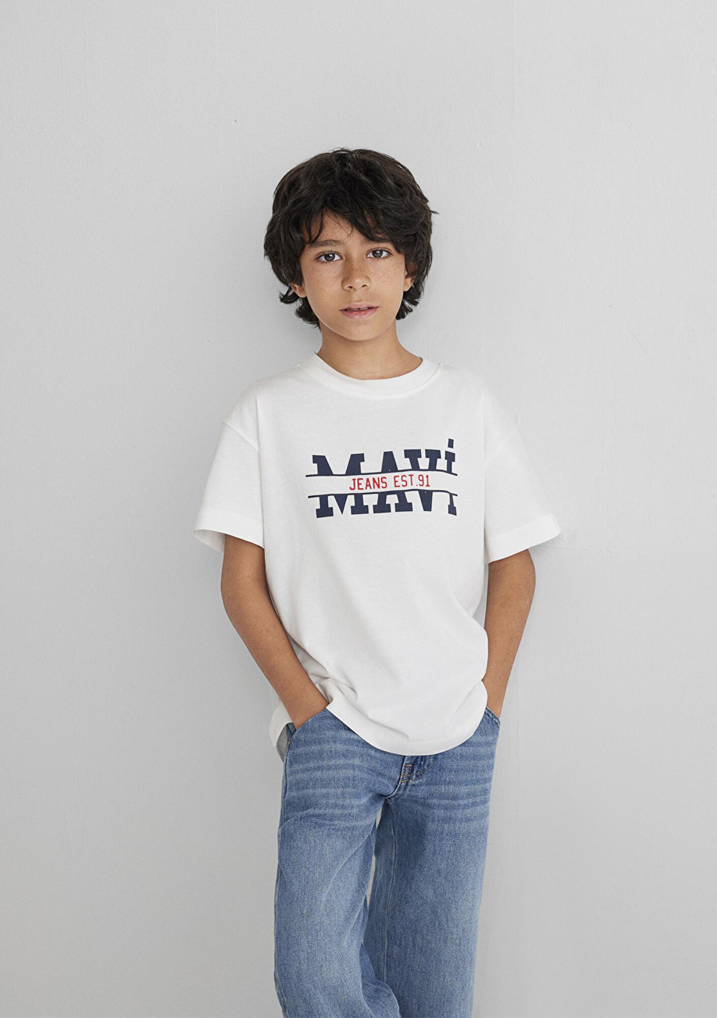 Mavi Mavi Logo Baskılı Ekru Tişört Loose Fit / Bol Rahat Kesim 6610397-70057