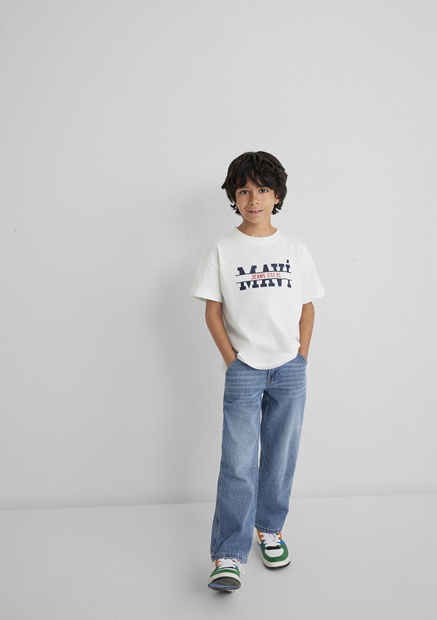 Mavi Mavi Logo Baskılı Ekru Tişört Loose Fit / Bol Rahat Kesim 6610397-70057