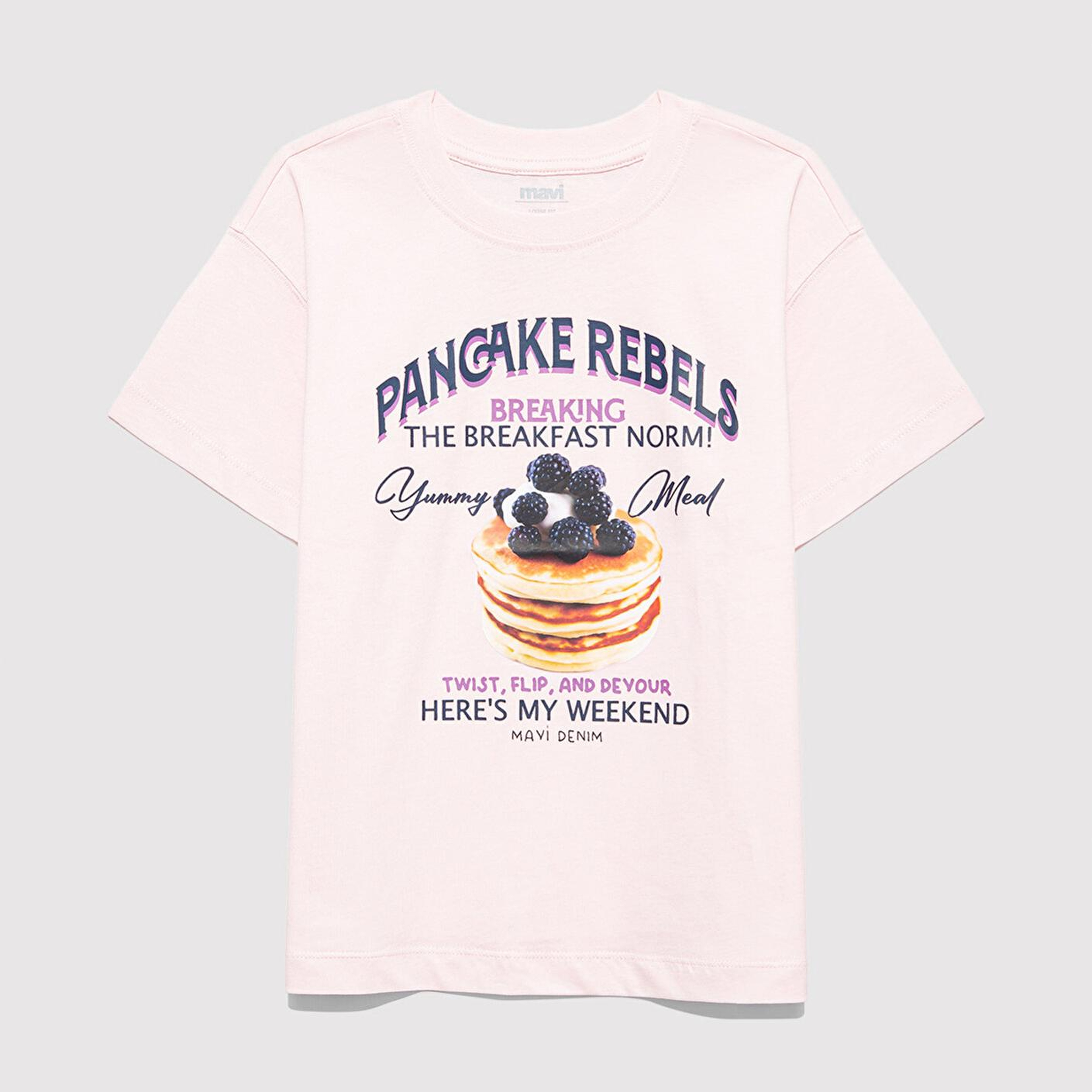 Mavi Baskılı Pembe Tişört Loose Fit / Bol Rahat Kesim 7610353-90773