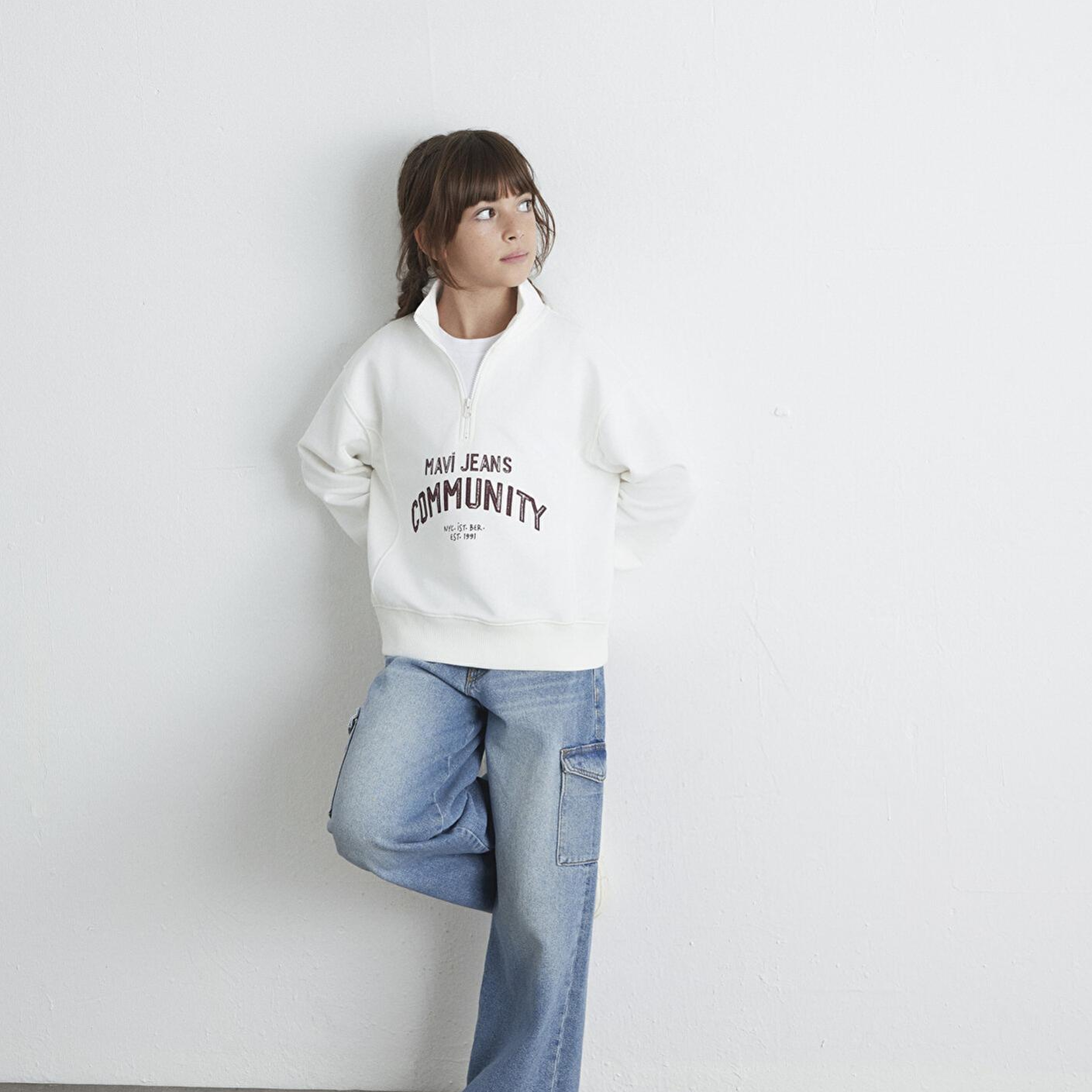 Mavi Baskılı Yarı Fermuarlı Ekru Sweatshirt 7S10130-70057