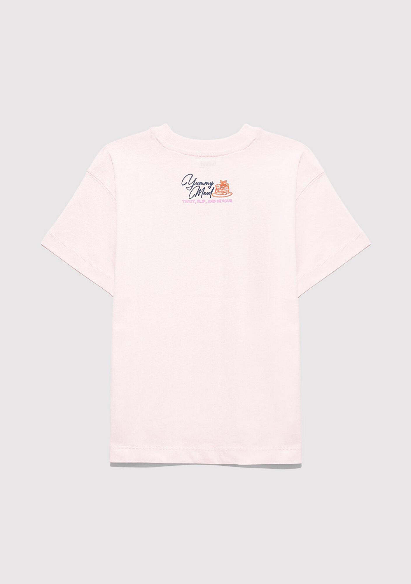 Mavi Baskılı Pembe Tişört Loose Fit / Bol Rahat Kesim 7610353-90773