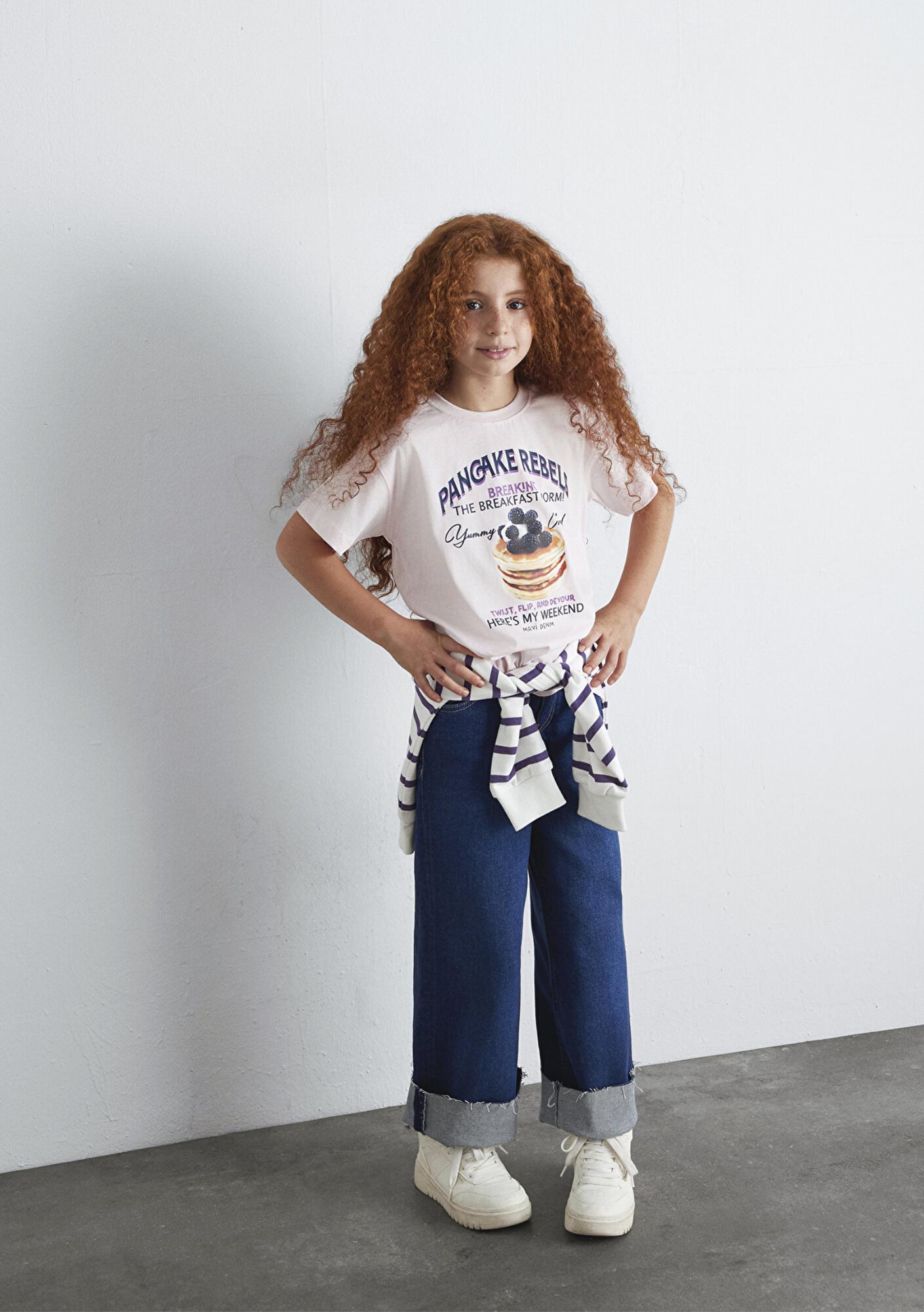 Mavi Baskılı Pembe Tişört Loose Fit / Bol Rahat Kesim 7610353-90773