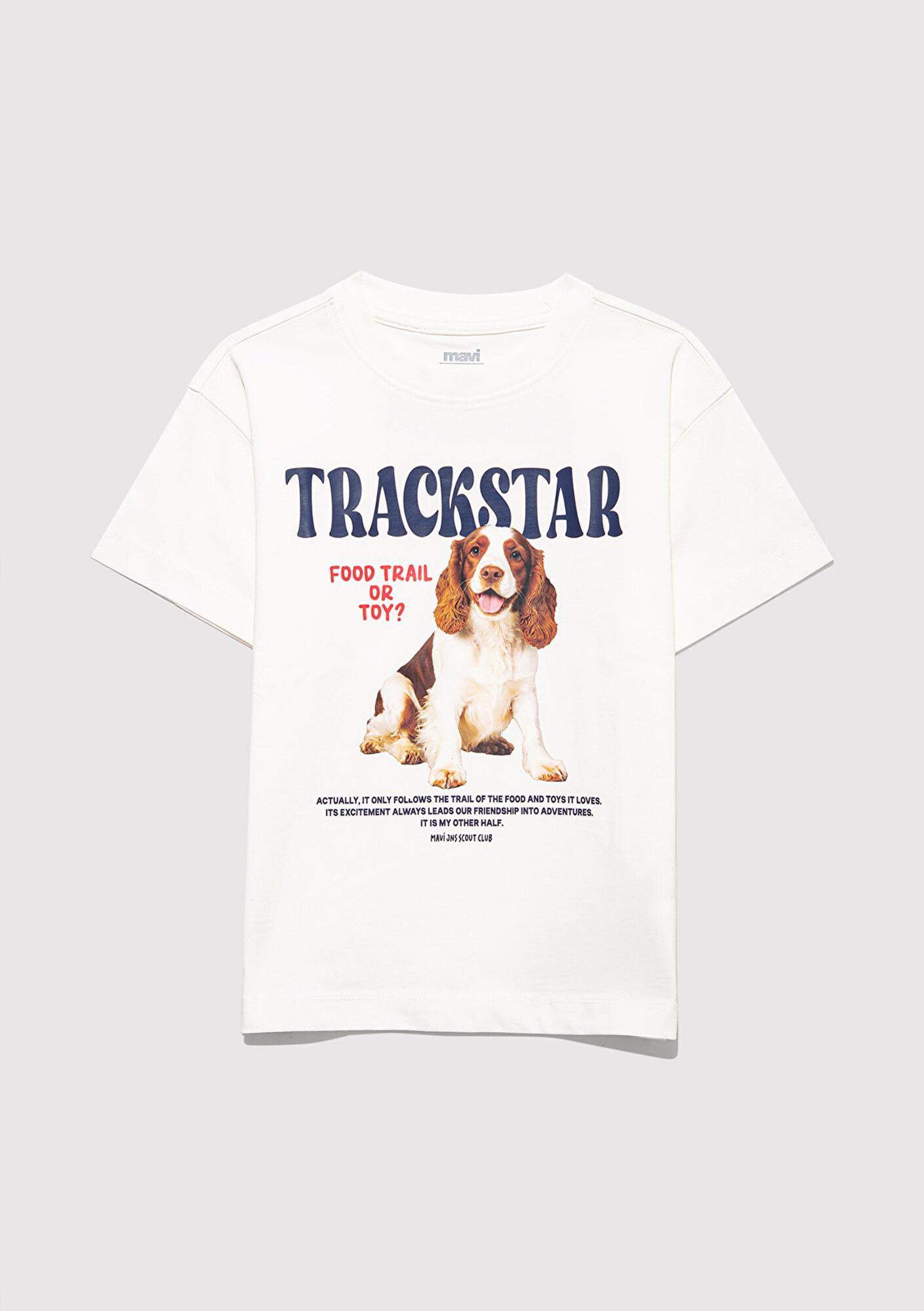 Mavi Baskılı Ekru Tişört Loose Fit / Bol Rahat Kesim 7610347-70057