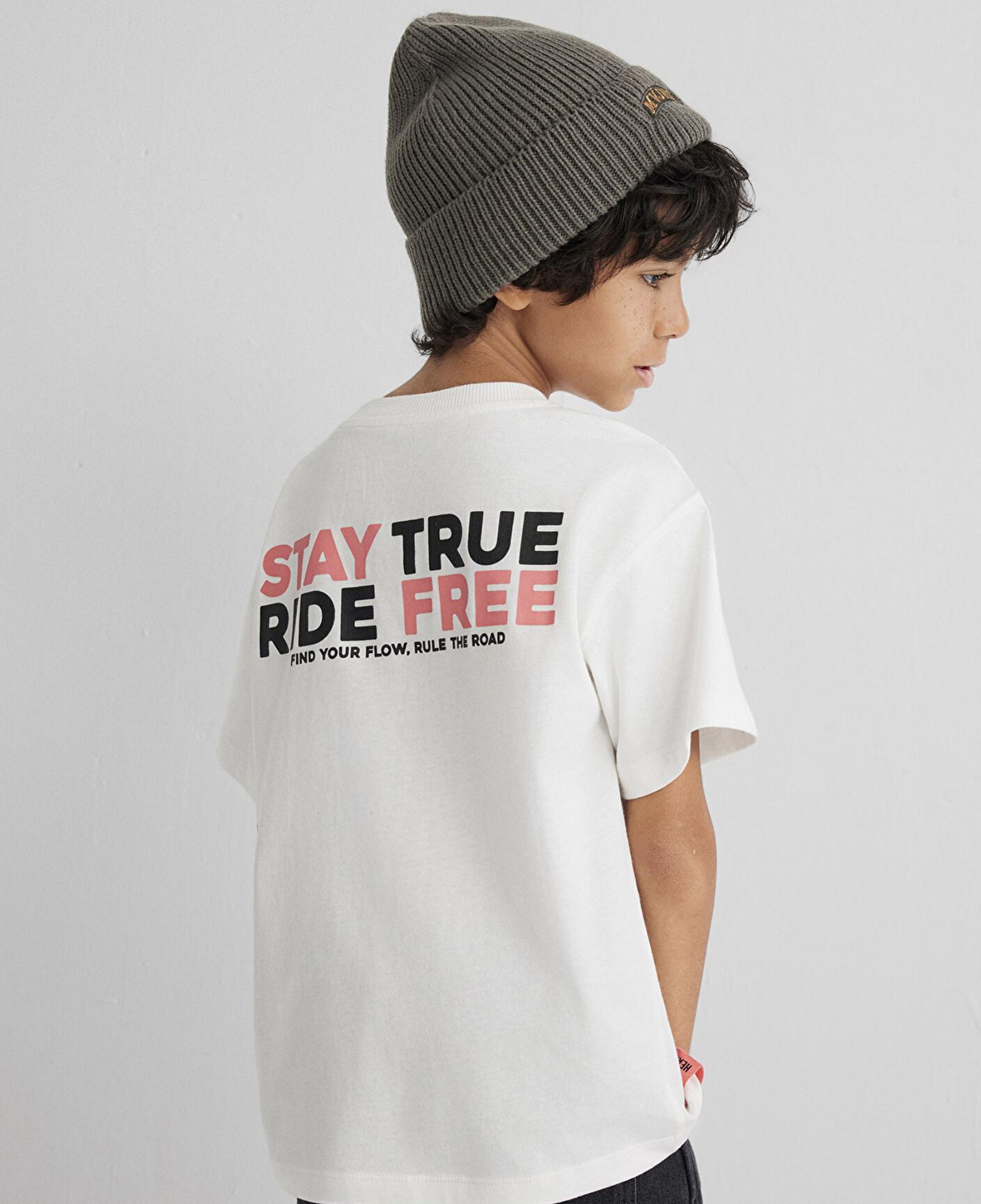 Mavi Baskılı Ekru Tişört Loose Fit / Bol Rahat Kesim 6610367-70057