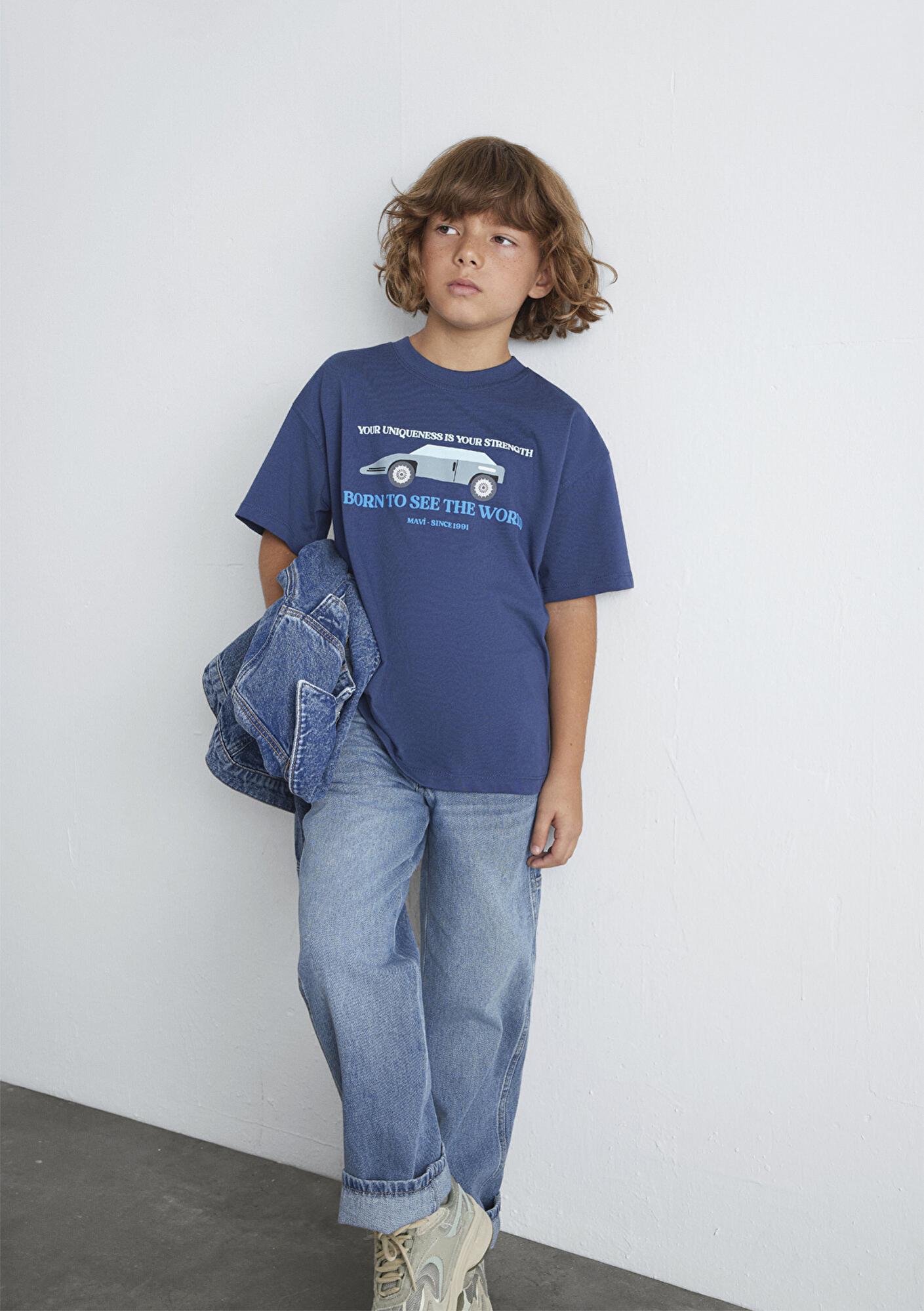 Mavi Araba Baskılı Lacivert Tişört Oversize / Geniş Kesim 6610363-87737