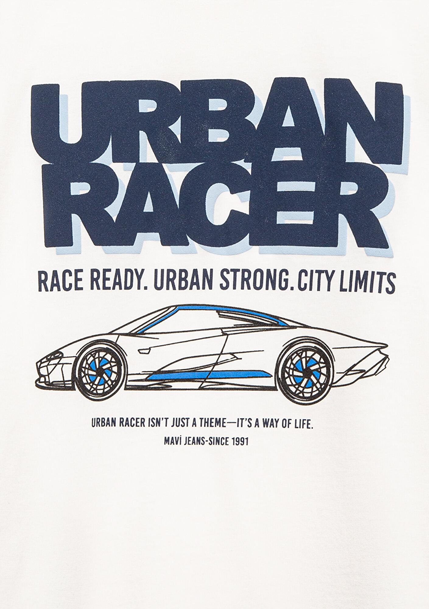 Mavi Araba Baskılı Ekru Tişört Oversize / Geniş Kesim 6610364-70057