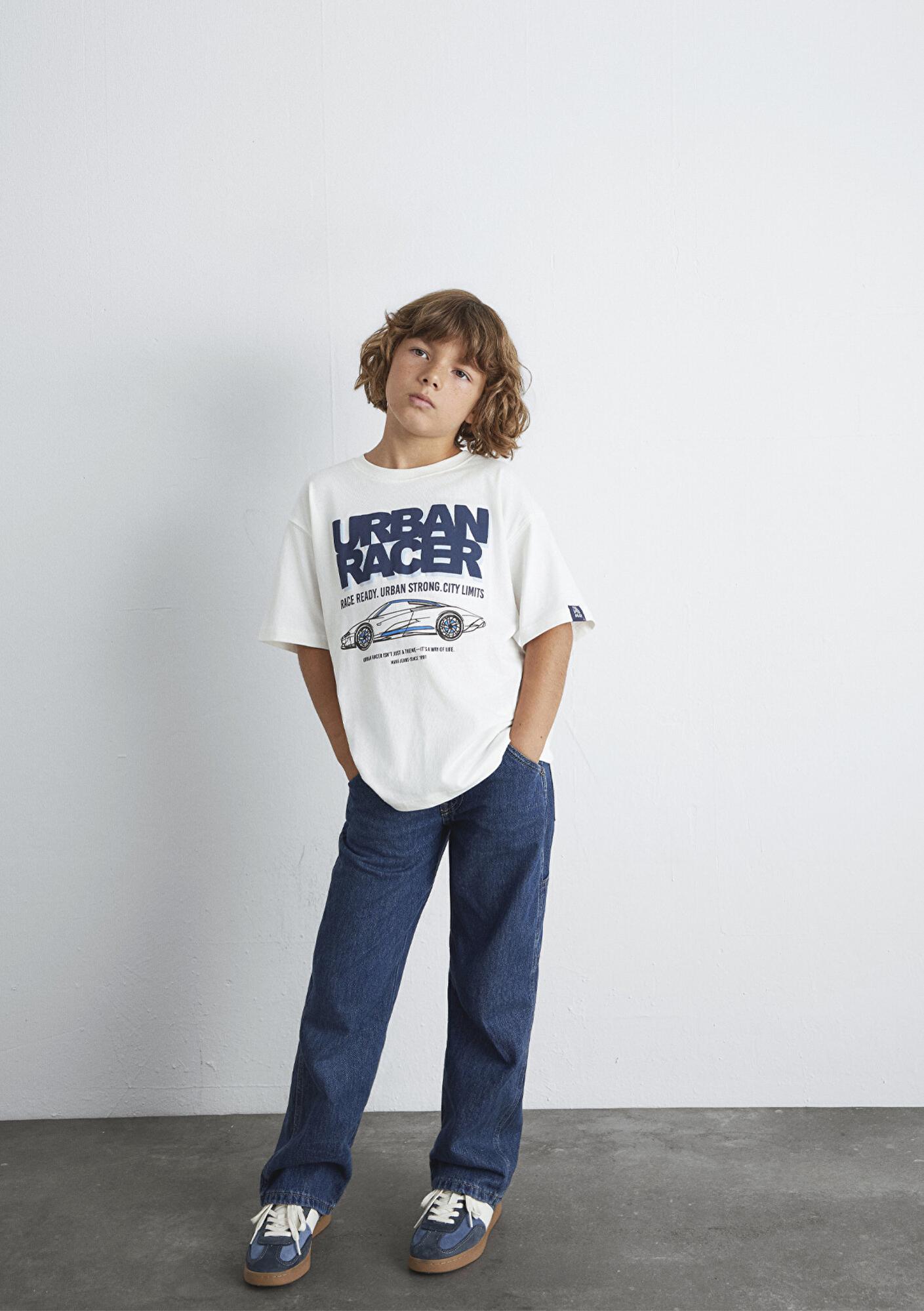 Mavi Araba Baskılı Ekru Tişört Oversize / Geniş Kesim 6610364-70057