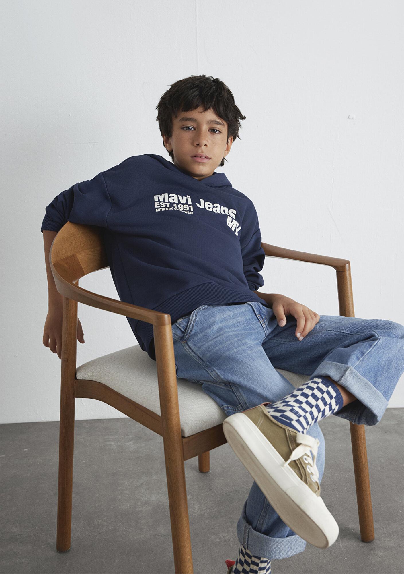 Mavi Mavi Jeans Baskılı Kapüşonlu Lacivert Sweatshirt 6S10141-82318