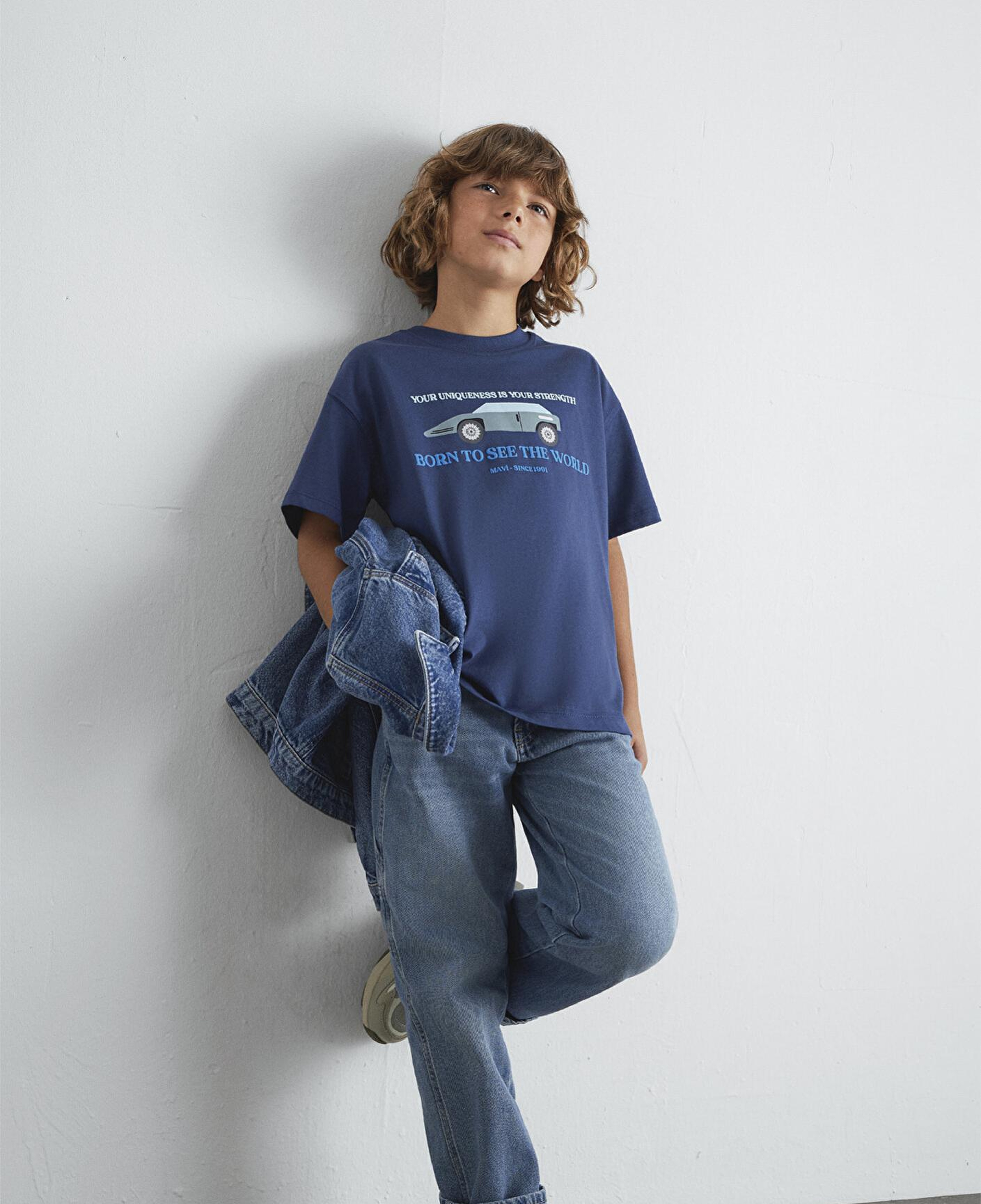 Mavi Araba Baskılı Lacivert Tişört Oversize / Geniş Kesim 6610363-87737