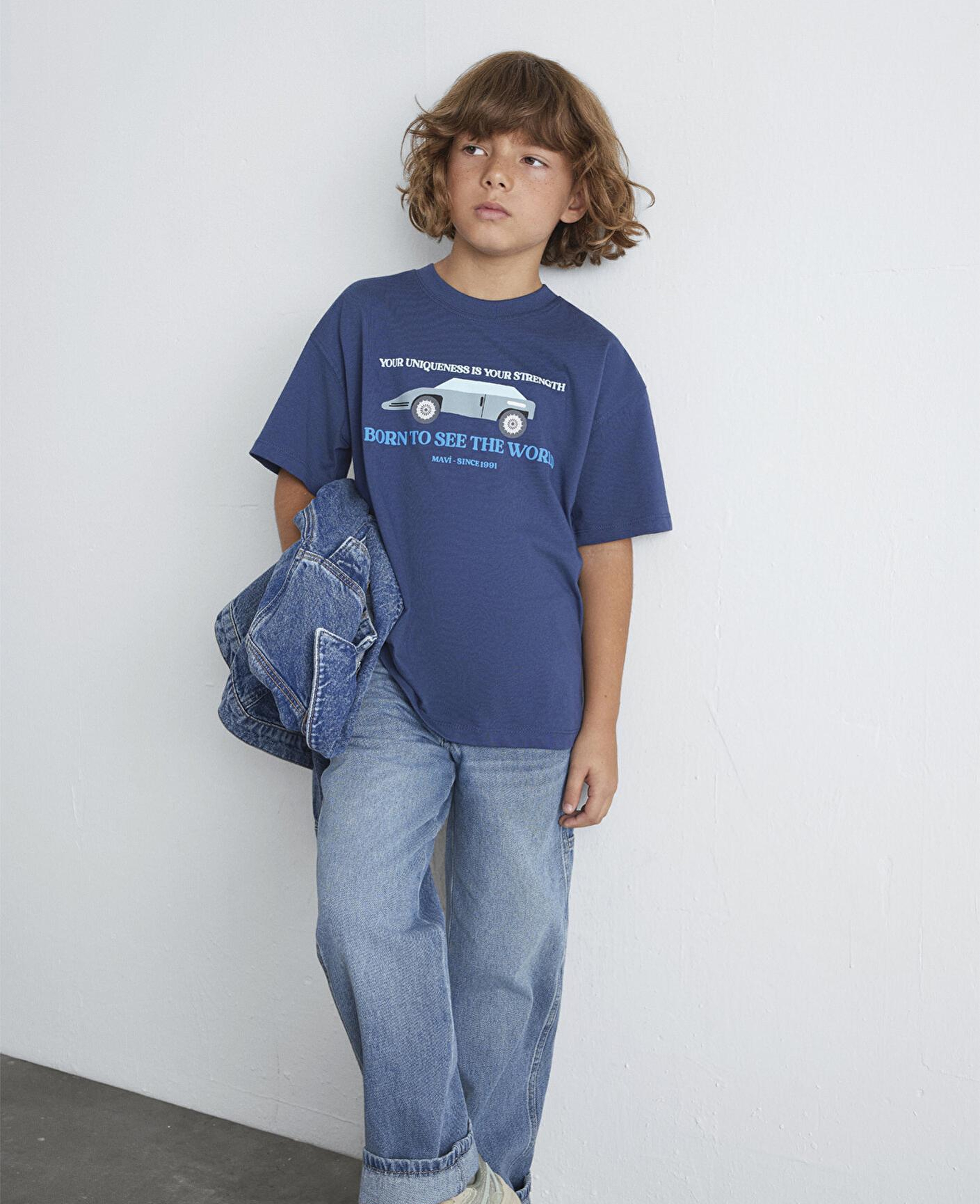 Mavi Araba Baskılı Lacivert Tişört Oversize / Geniş Kesim 6610363-87737