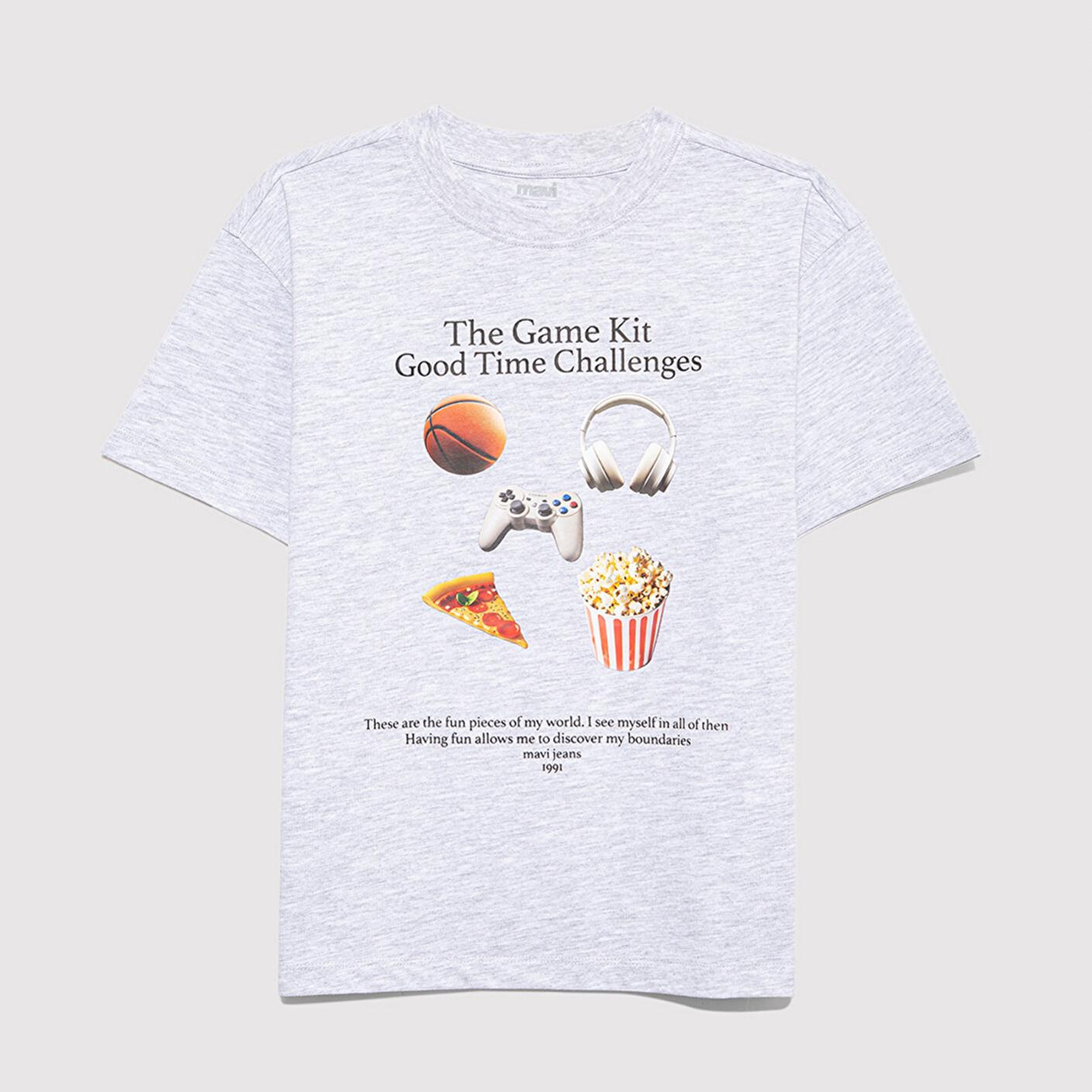 Mavi Baskılı Gri Tişört Loose Fit / Bol Rahat Kesim 6610359-88467