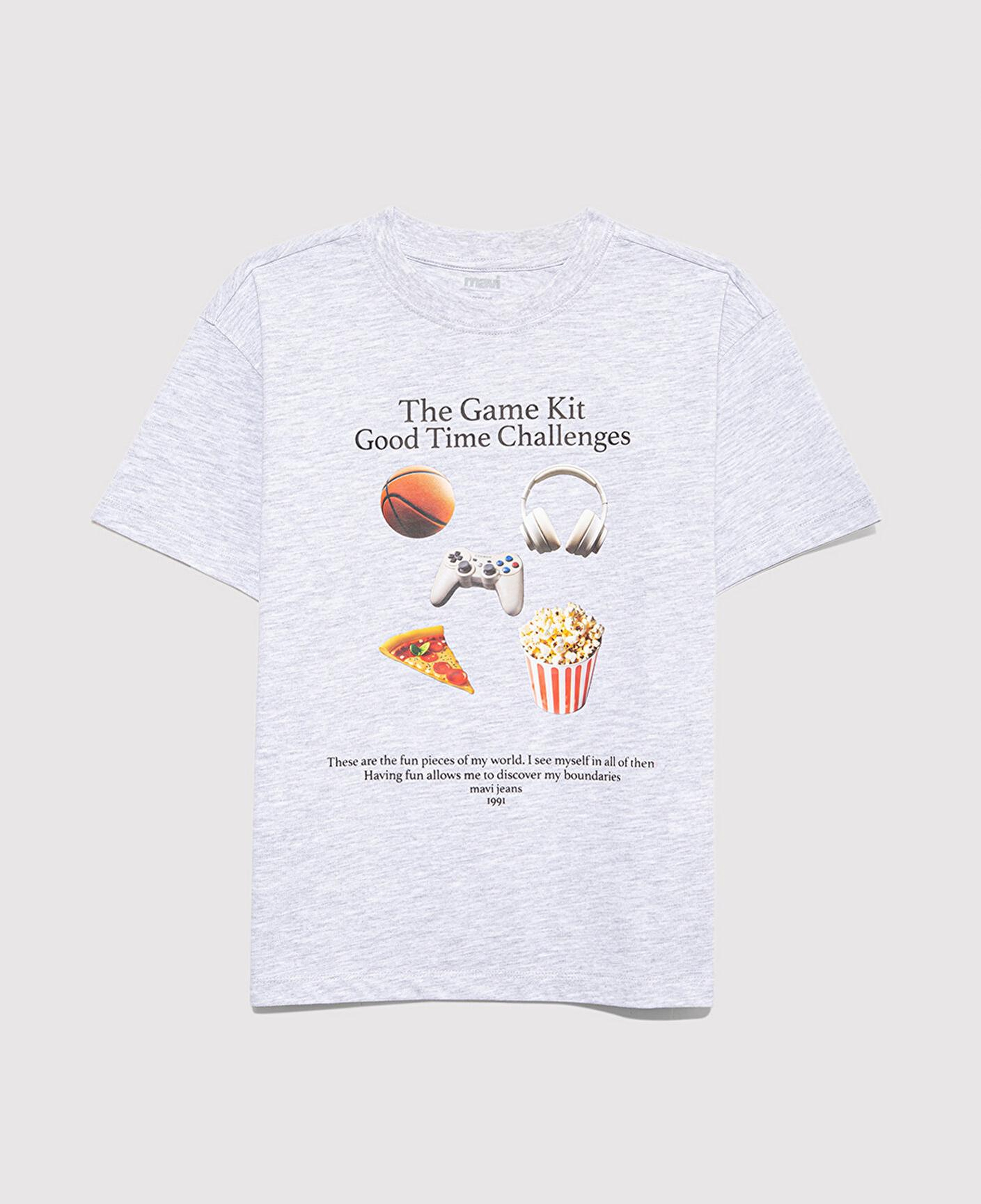 Mavi Baskılı Gri Tişört Loose Fit / Bol Rahat Kesim 6610359-88467