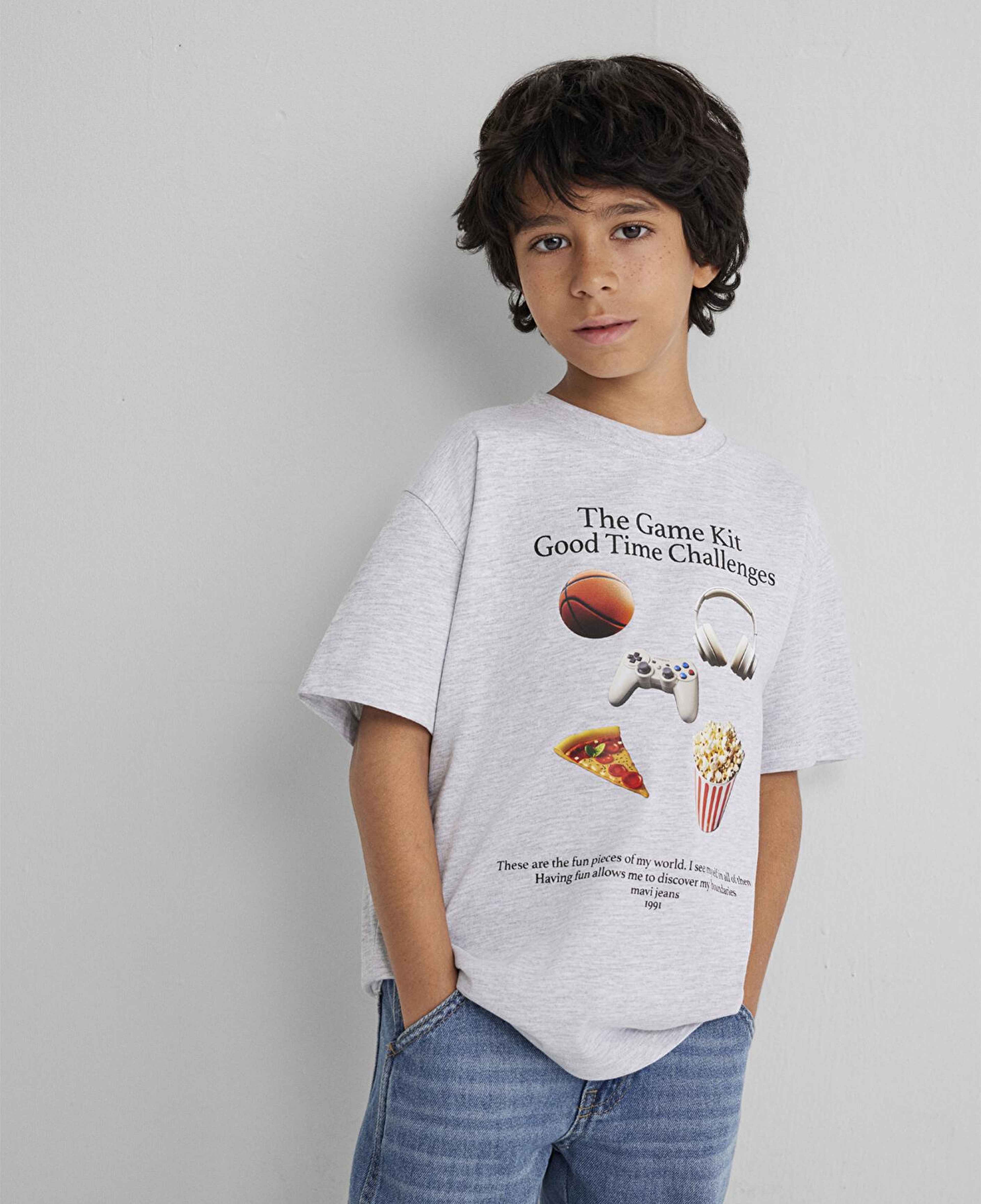 Mavi Baskılı Gri Tişört Loose Fit / Bol Rahat Kesim 6610359-88467