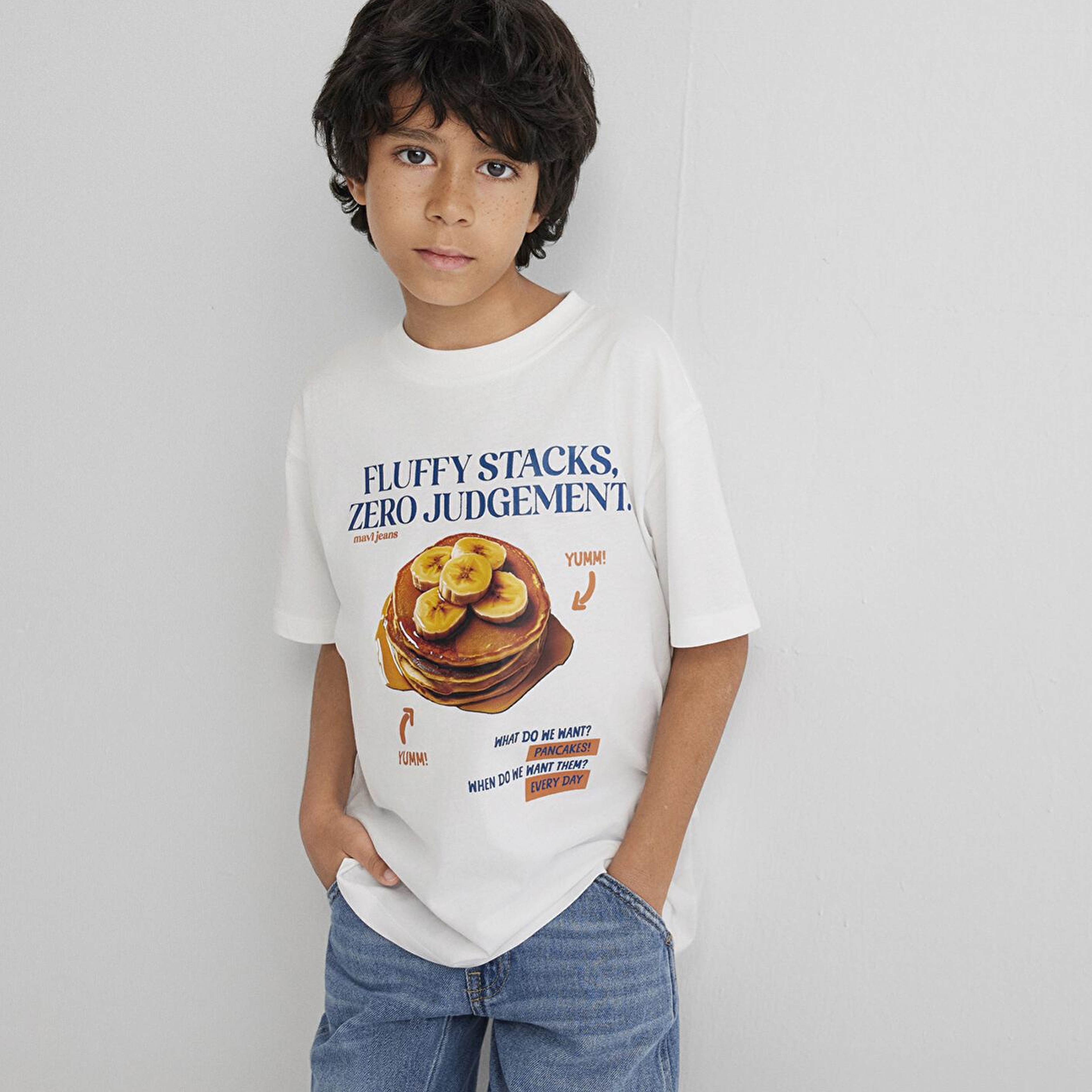 Mavi Baskılı Ekru Tişört Loose Fit / Bol Rahat Kesim 6610360-70057