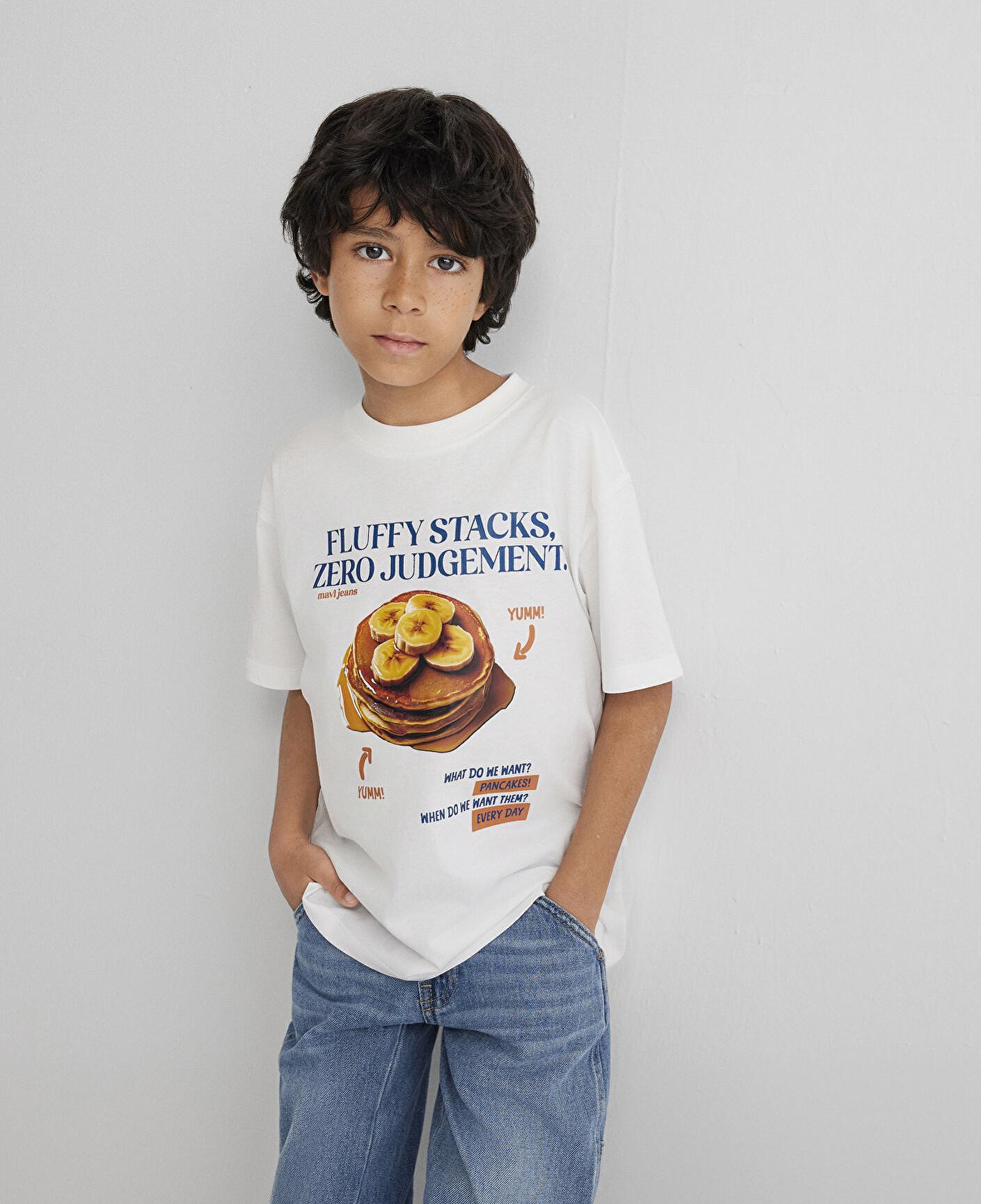 Mavi Baskılı Ekru Tişört Loose Fit / Bol Rahat Kesim 6610360-70057