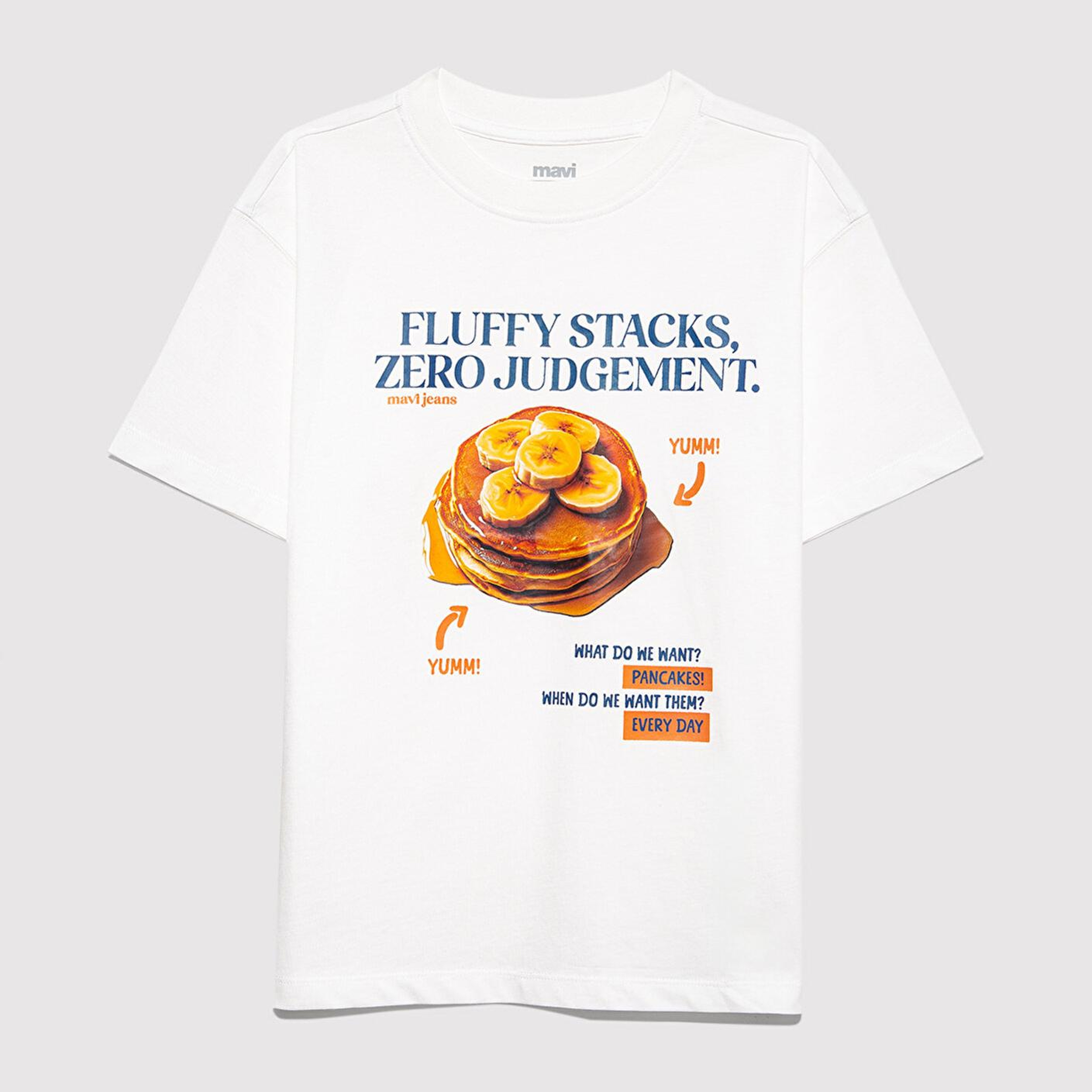 Mavi Baskılı Ekru Tişört Loose Fit / Bol Rahat Kesim 6610360-70057