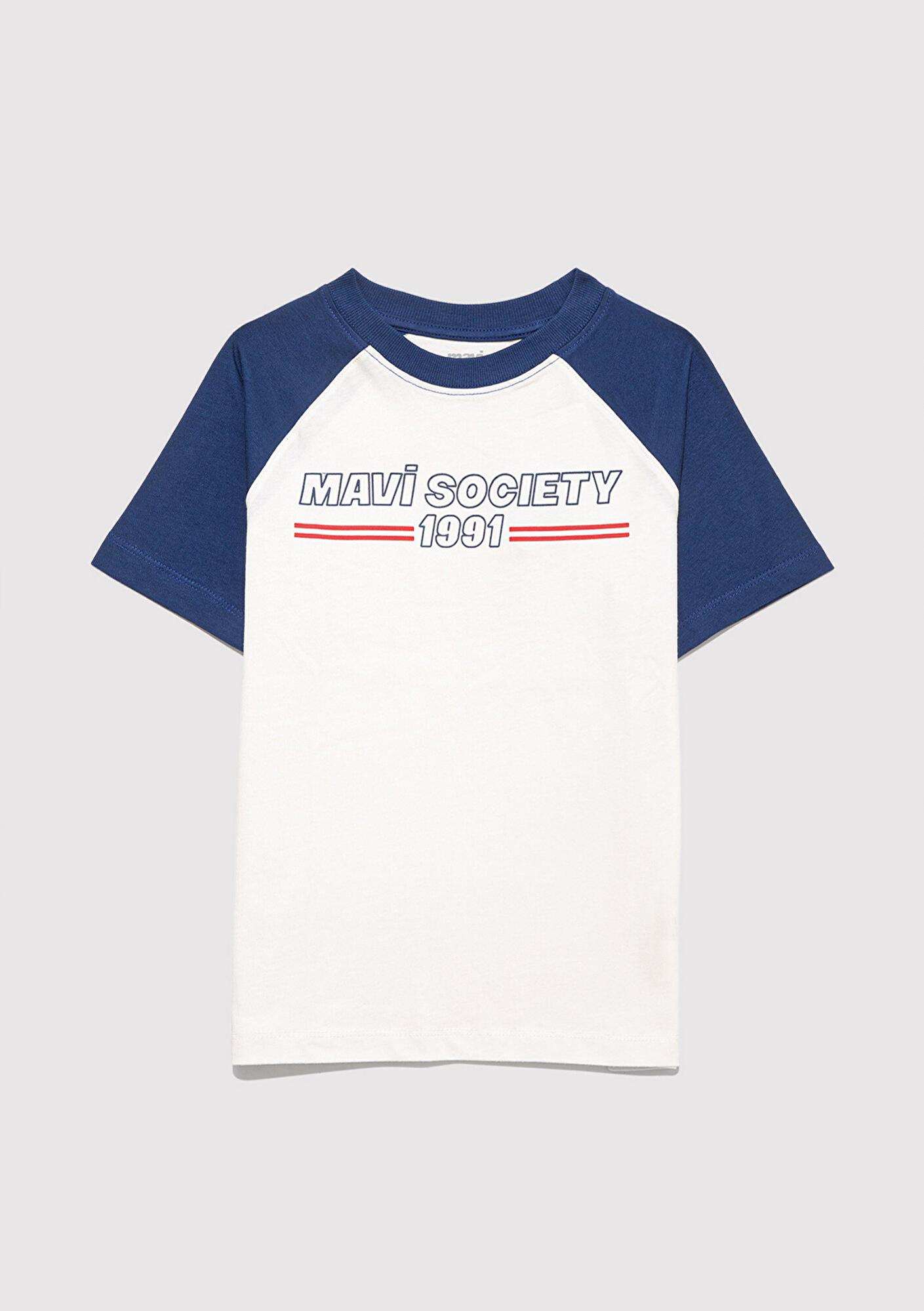 Mavi Baskılı Ekru Tişört Loose Fit / Bol Rahat Kesim 6610357-70057