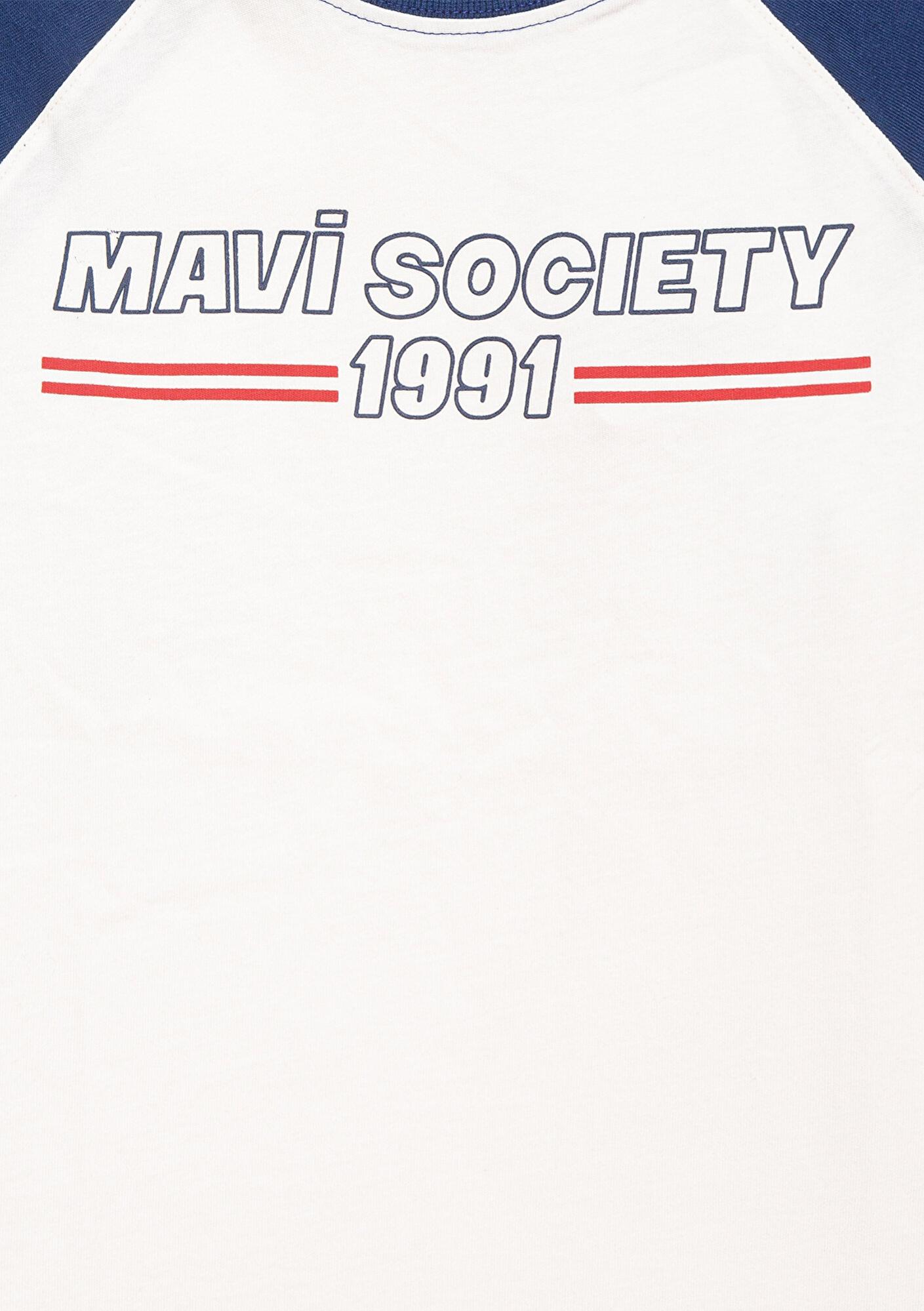 Mavi Baskılı Ekru Tişört Loose Fit / Bol Rahat Kesim 6610357-70057