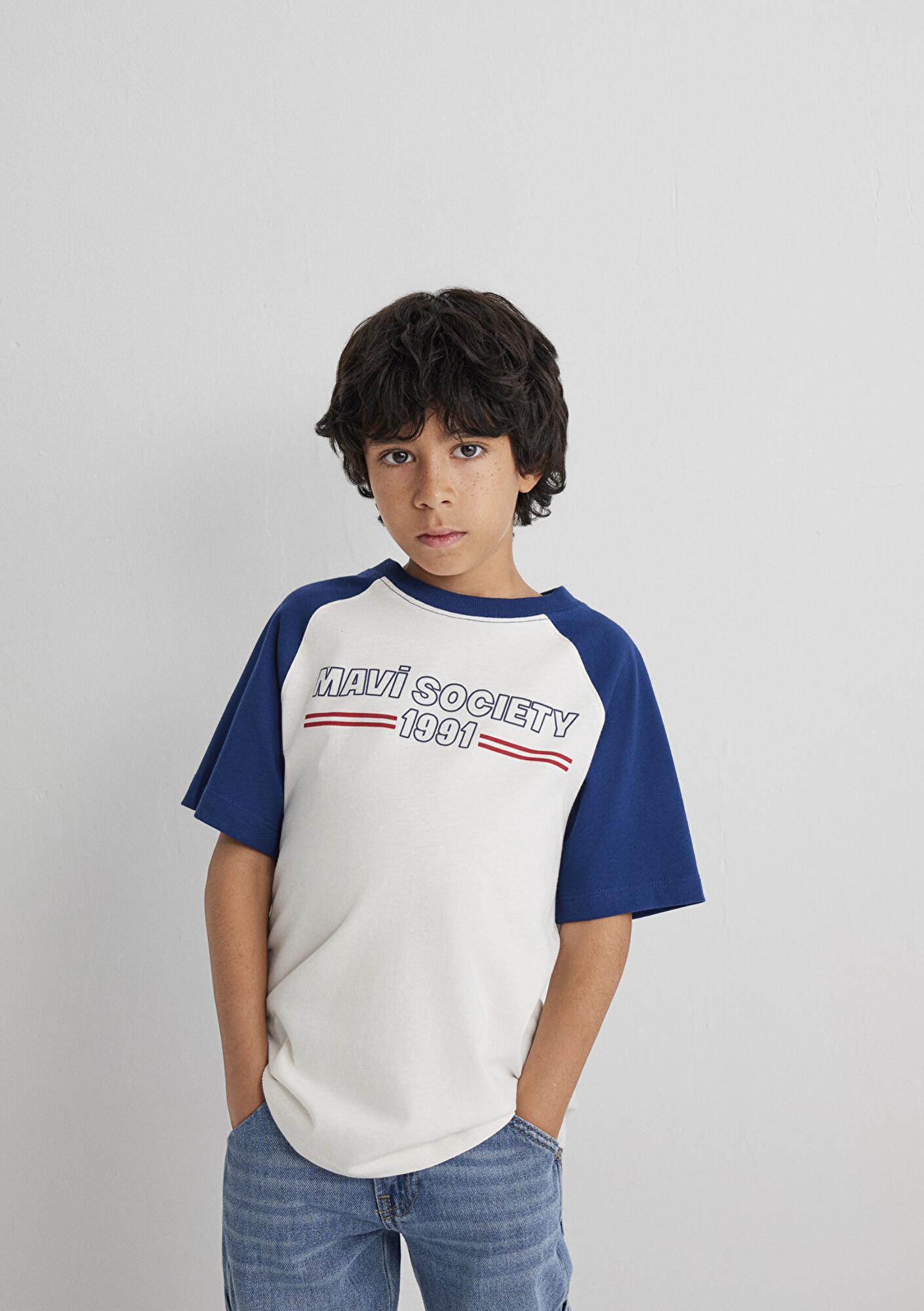 Mavi Baskılı Ekru Tişört Loose Fit / Bol Rahat Kesim 6610357-70057