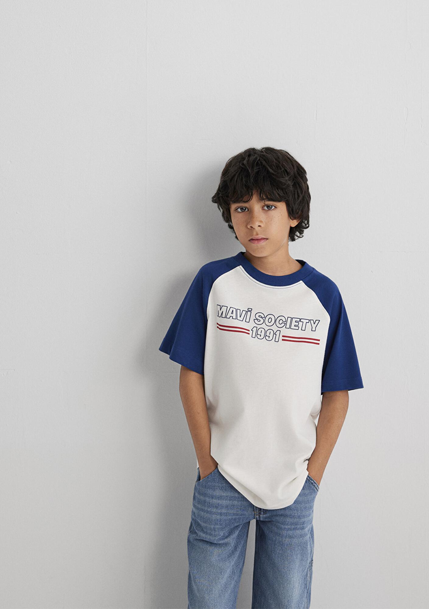 Mavi Baskılı Ekru Tişört Loose Fit / Bol Rahat Kesim 6610357-70057