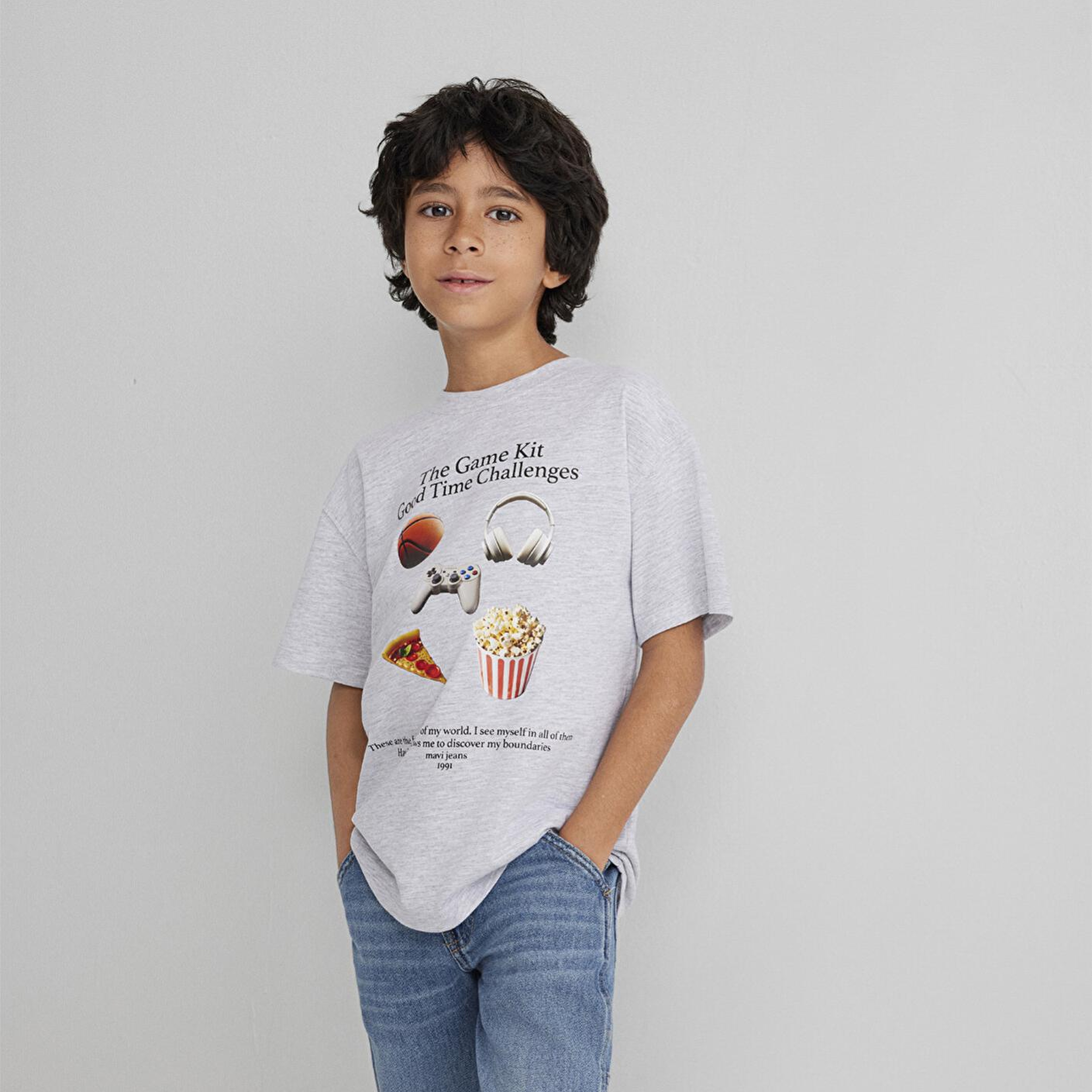 Mavi Baskılı Gri Tişört Loose Fit / Bol Rahat Kesim 6610359-88467