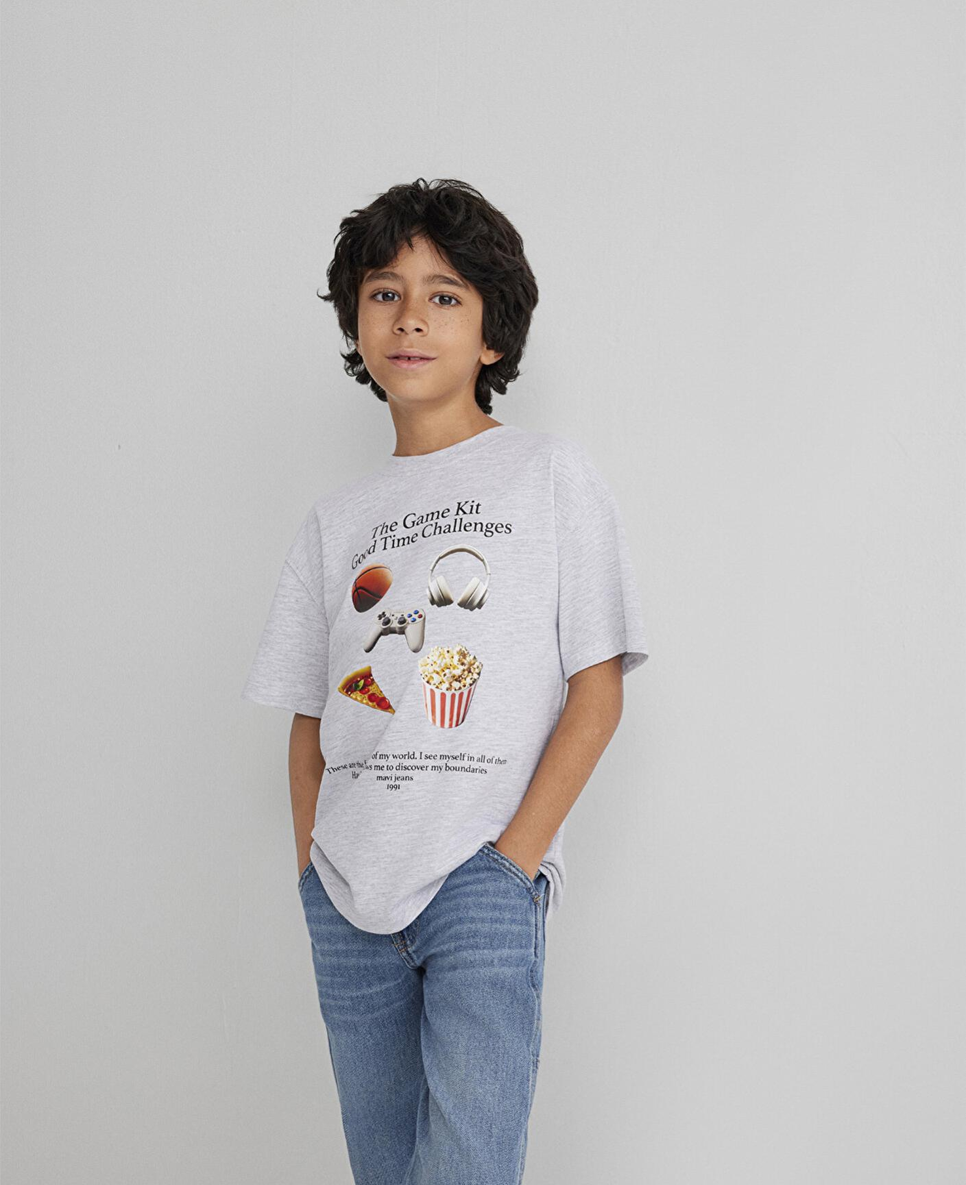 Mavi Baskılı Gri Tişört Loose Fit / Bol Rahat Kesim 6610359-88467
