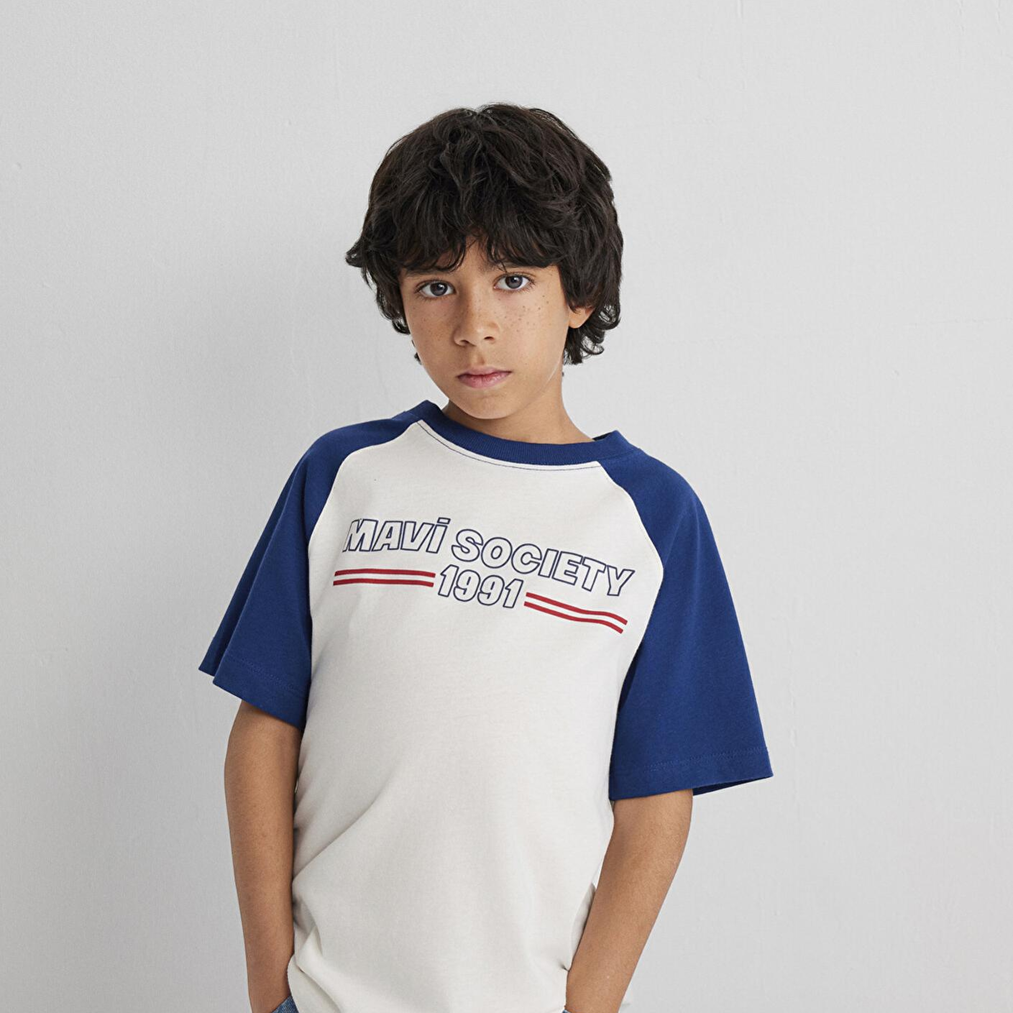 Mavi Baskılı Ekru Tişört Loose Fit / Bol Rahat Kesim 6610357-70057