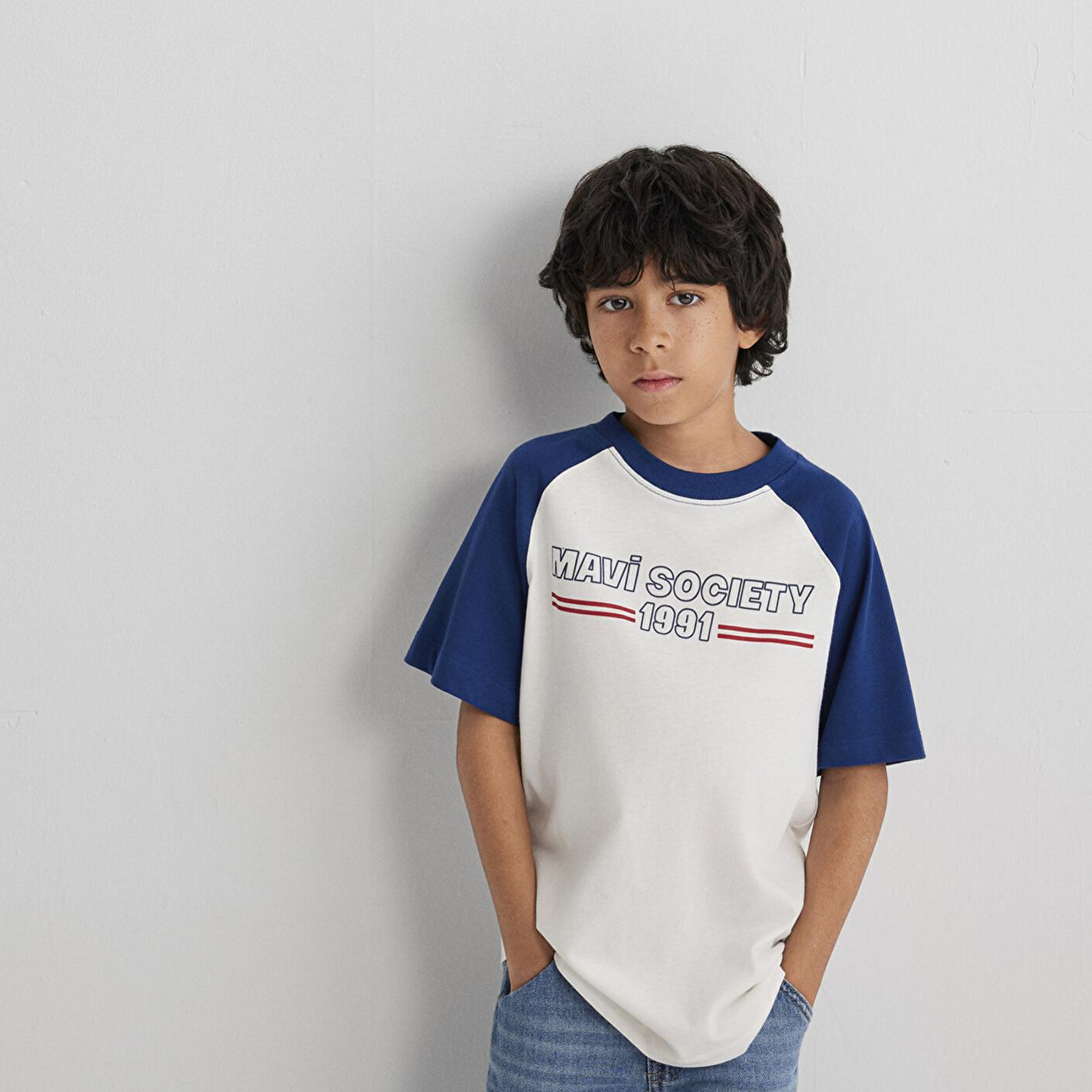 Mavi Baskılı Ekru Tişört Loose Fit / Bol Rahat Kesim 6610357-70057