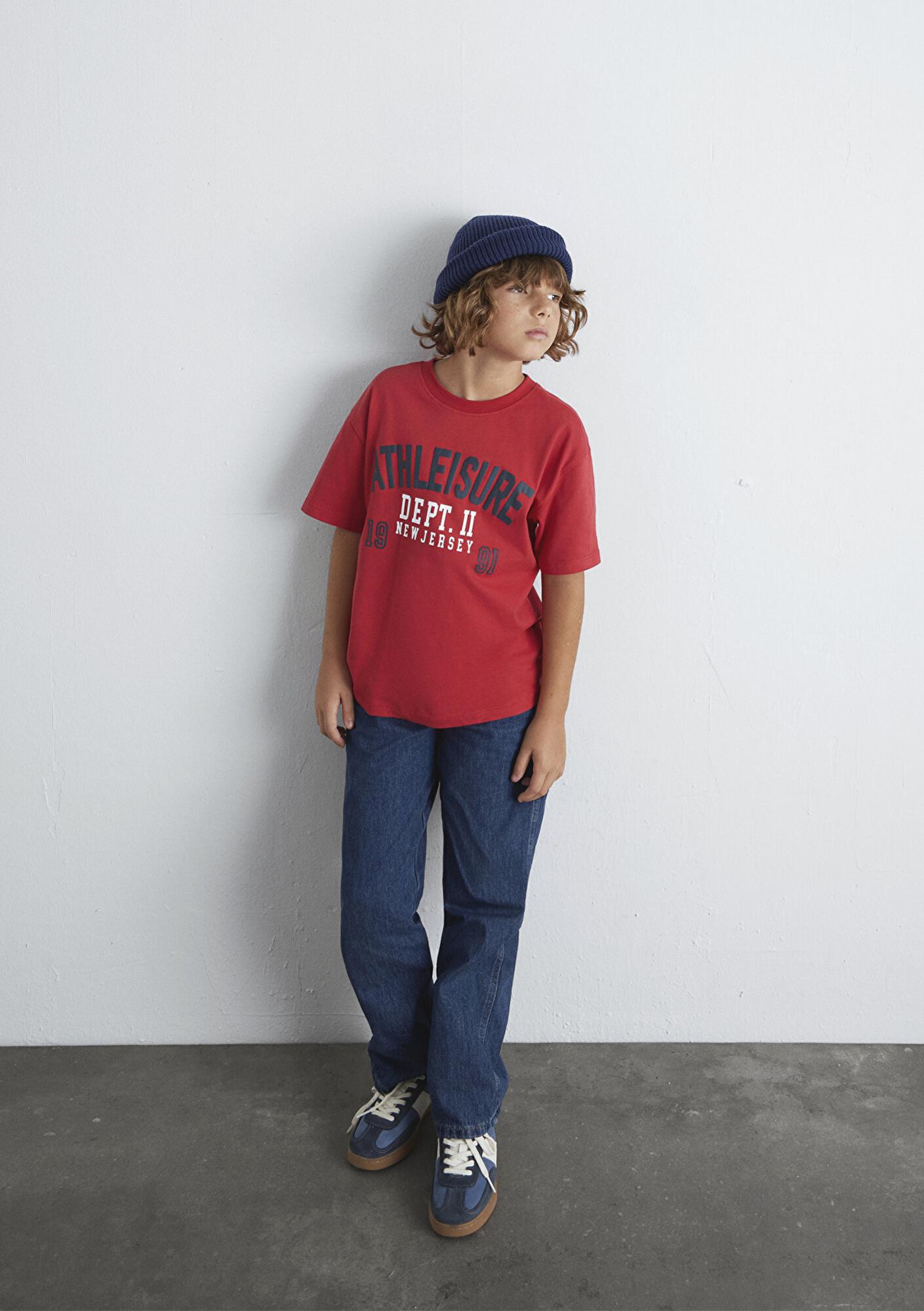 Mavi Baskılı Kırmızı Tişört Loose Fit / Bol Rahat Kesim 6610358-85905