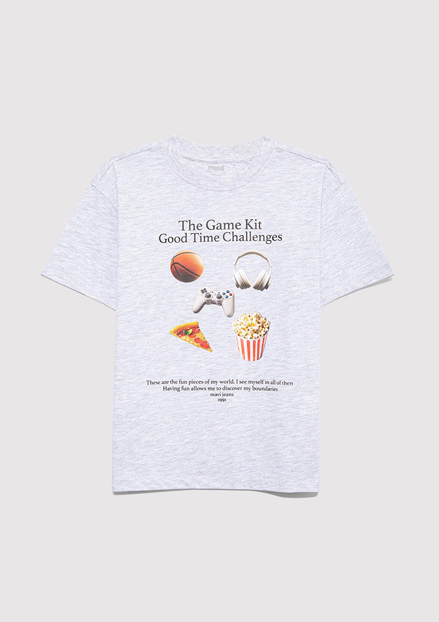 Mavi Baskılı Gri Tişört Loose Fit / Bol Rahat Kesim 6610359-88467