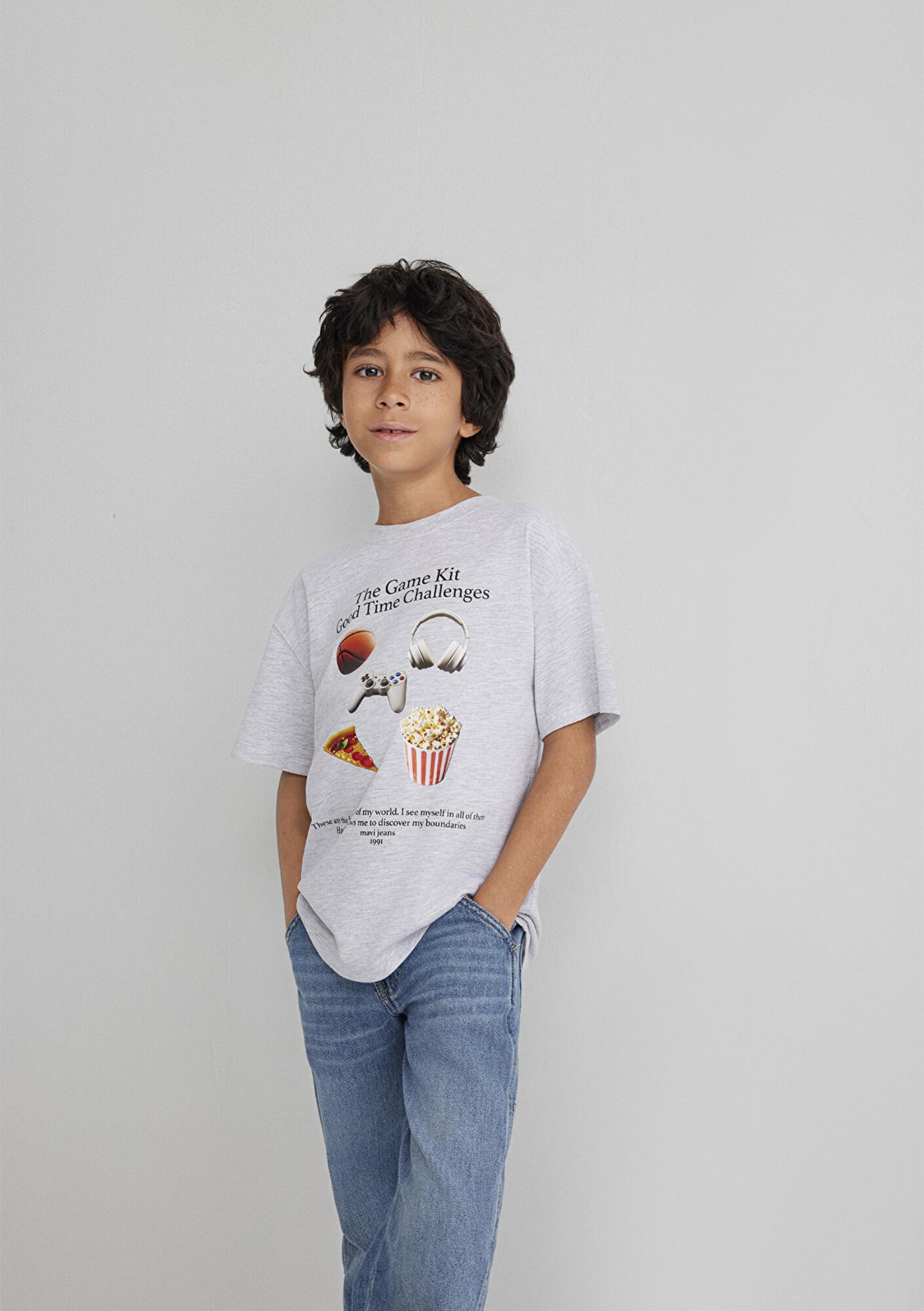 Mavi Baskılı Gri Tişört Loose Fit / Bol Rahat Kesim 6610359-88467