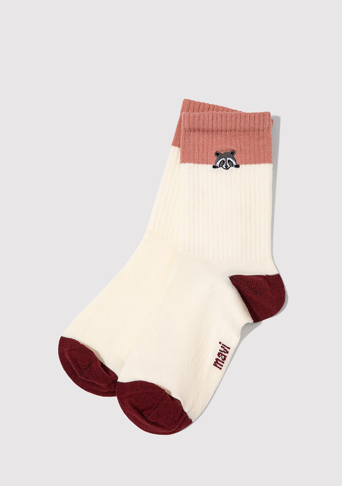 Mavi Rakun Nakışlı Ekru Soket Çorap 1913534-81964