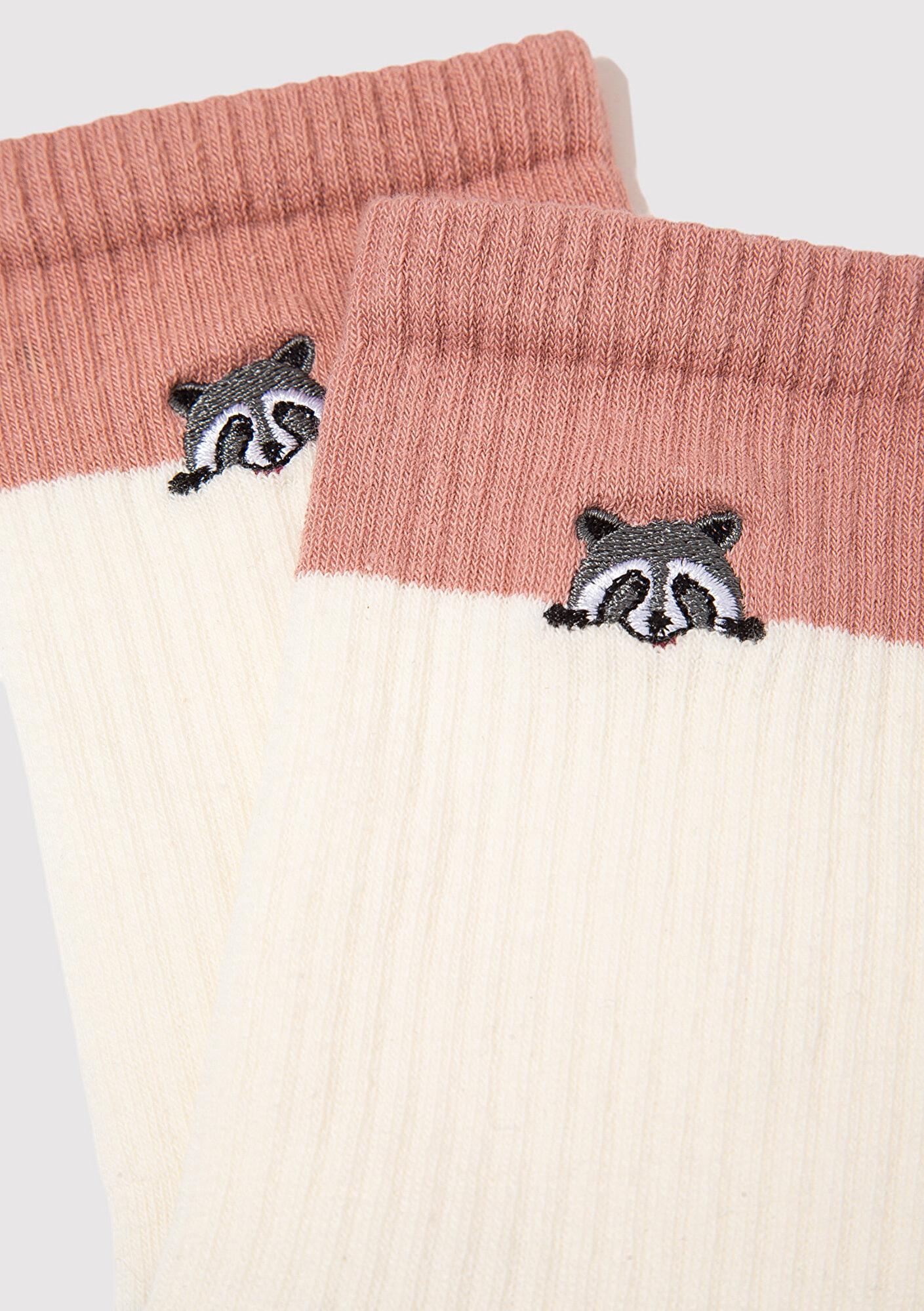 Mavi Rakun Nakışlı Ekru Soket Çorap 1913534-81964