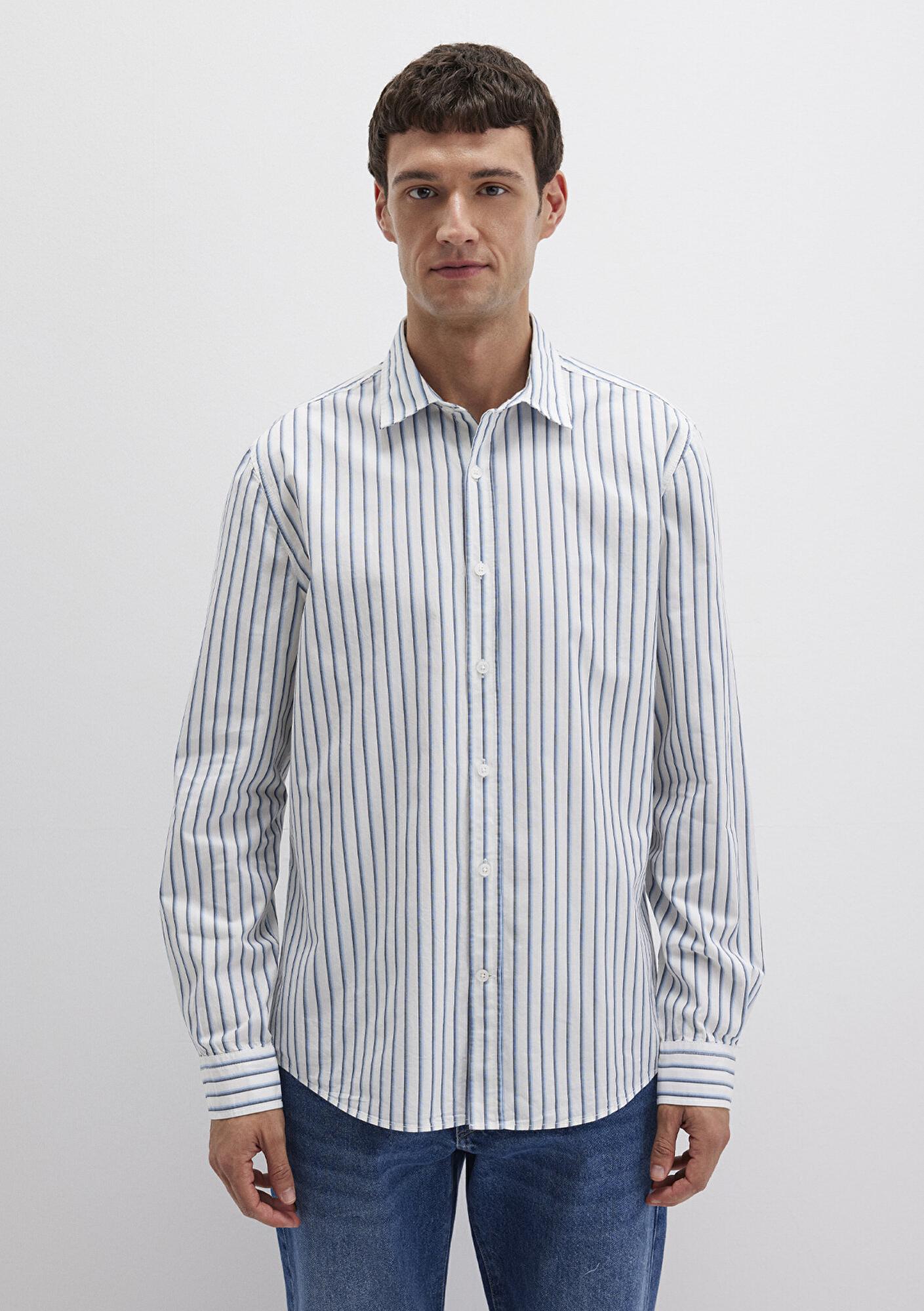 Mavi Mavi Çizgili Beyaz Gömlek Regular Fit / Normal Kesim 0211705-90928