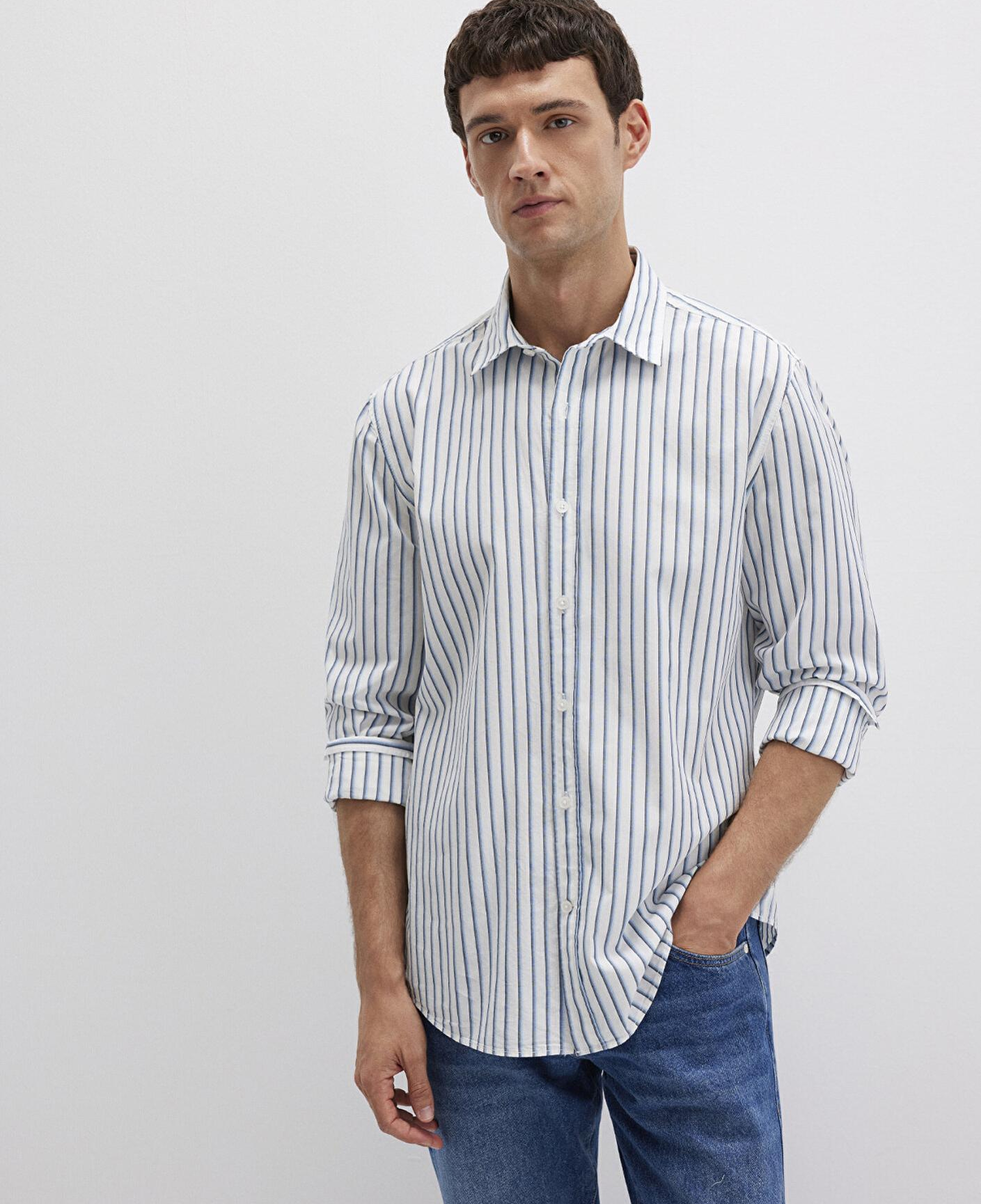Mavi Mavi Çizgili Beyaz Gömlek Regular Fit / Normal Kesim 0211705-90928