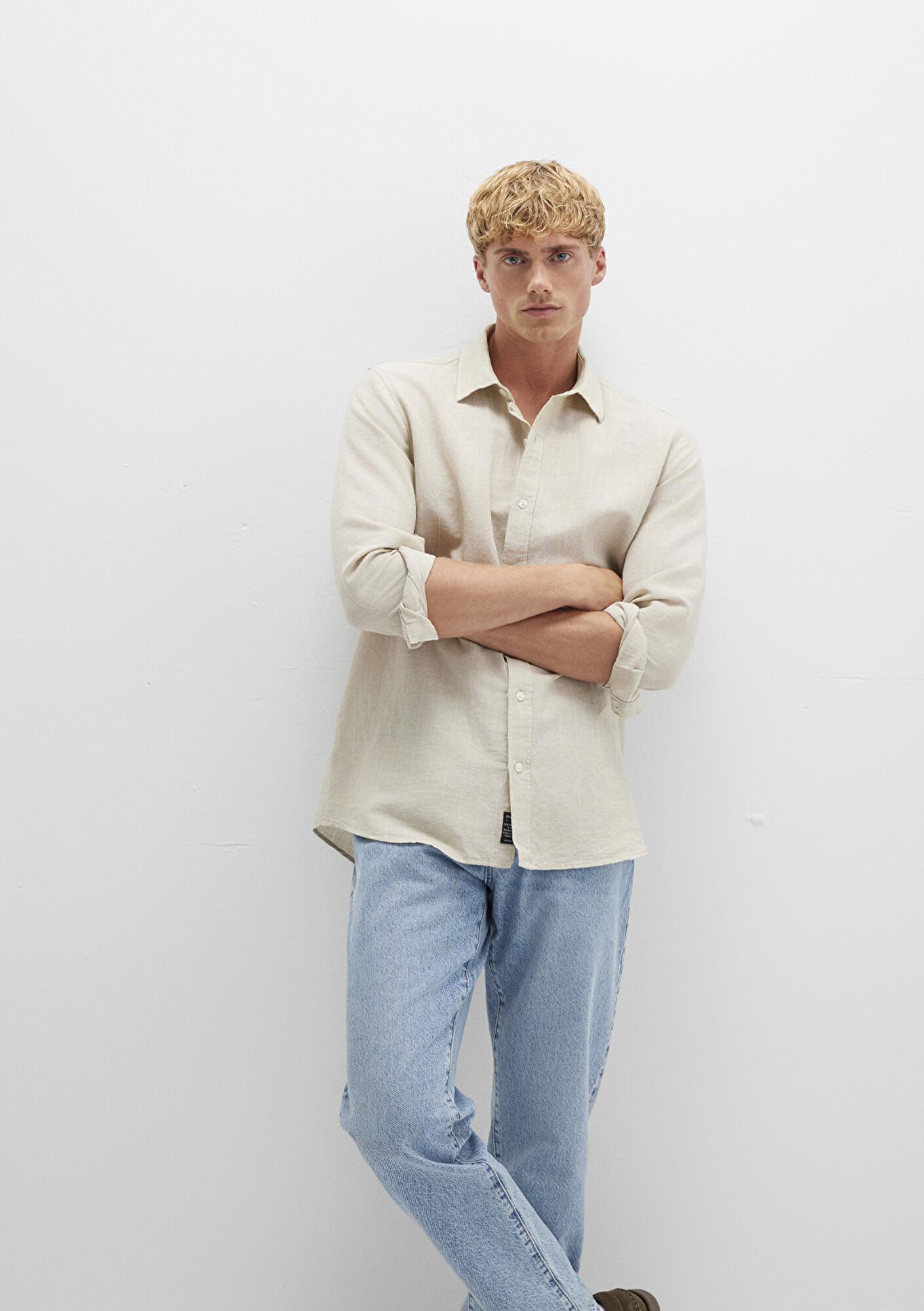 Mavi Çizgili Bej Gömlek Regular Fit / Normal Kesim 0211704-90925