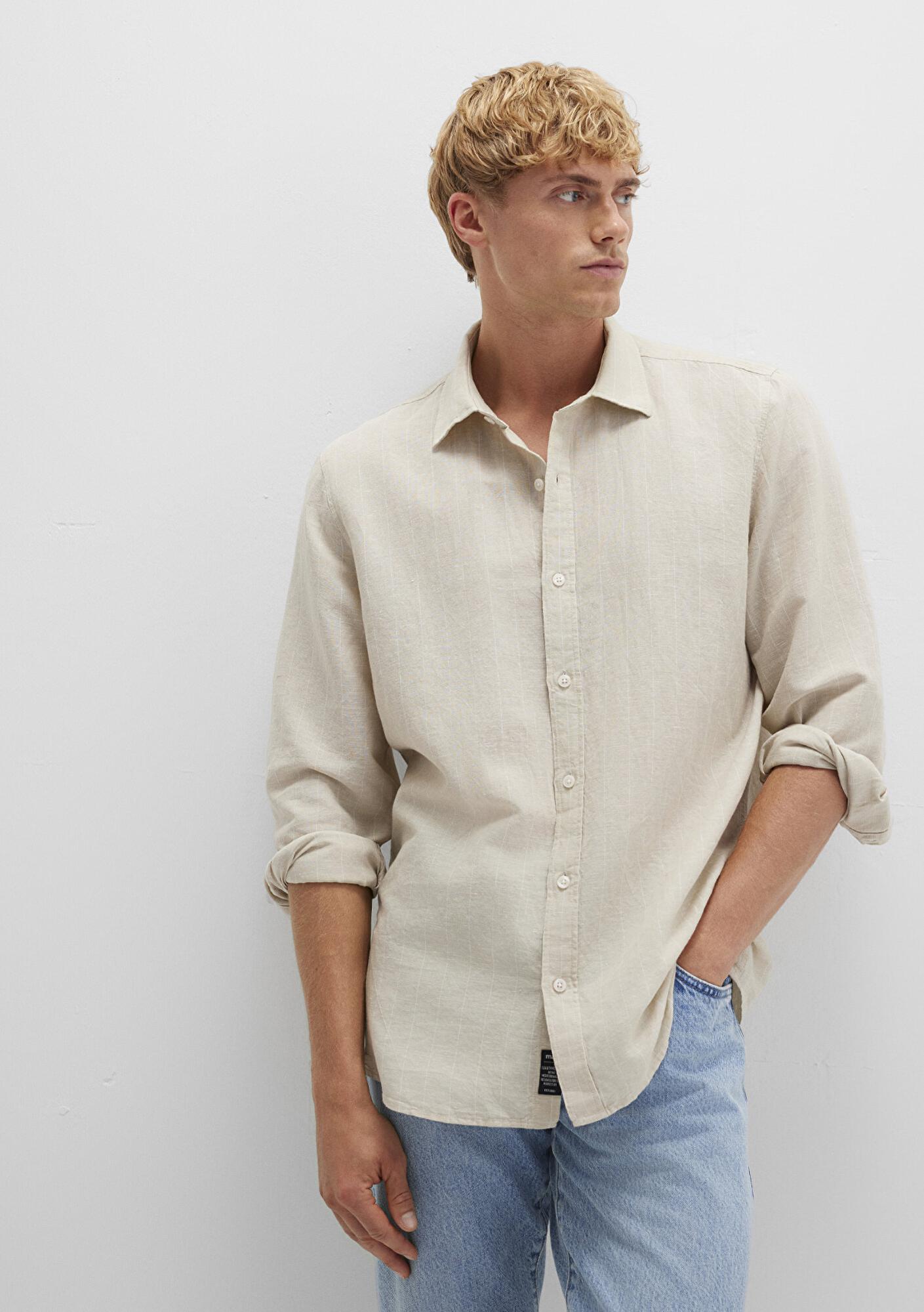 Mavi Çizgili Bej Gömlek Regular Fit / Normal Kesim 0211704-90925