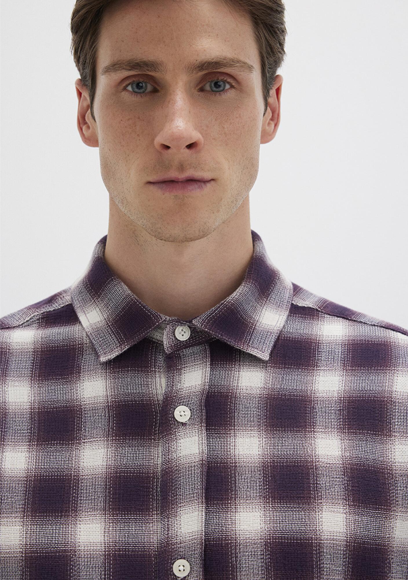 Mavi Kareli Mor Gömlek Loose Fit / Bol Rahat Kesim 0211646-90857