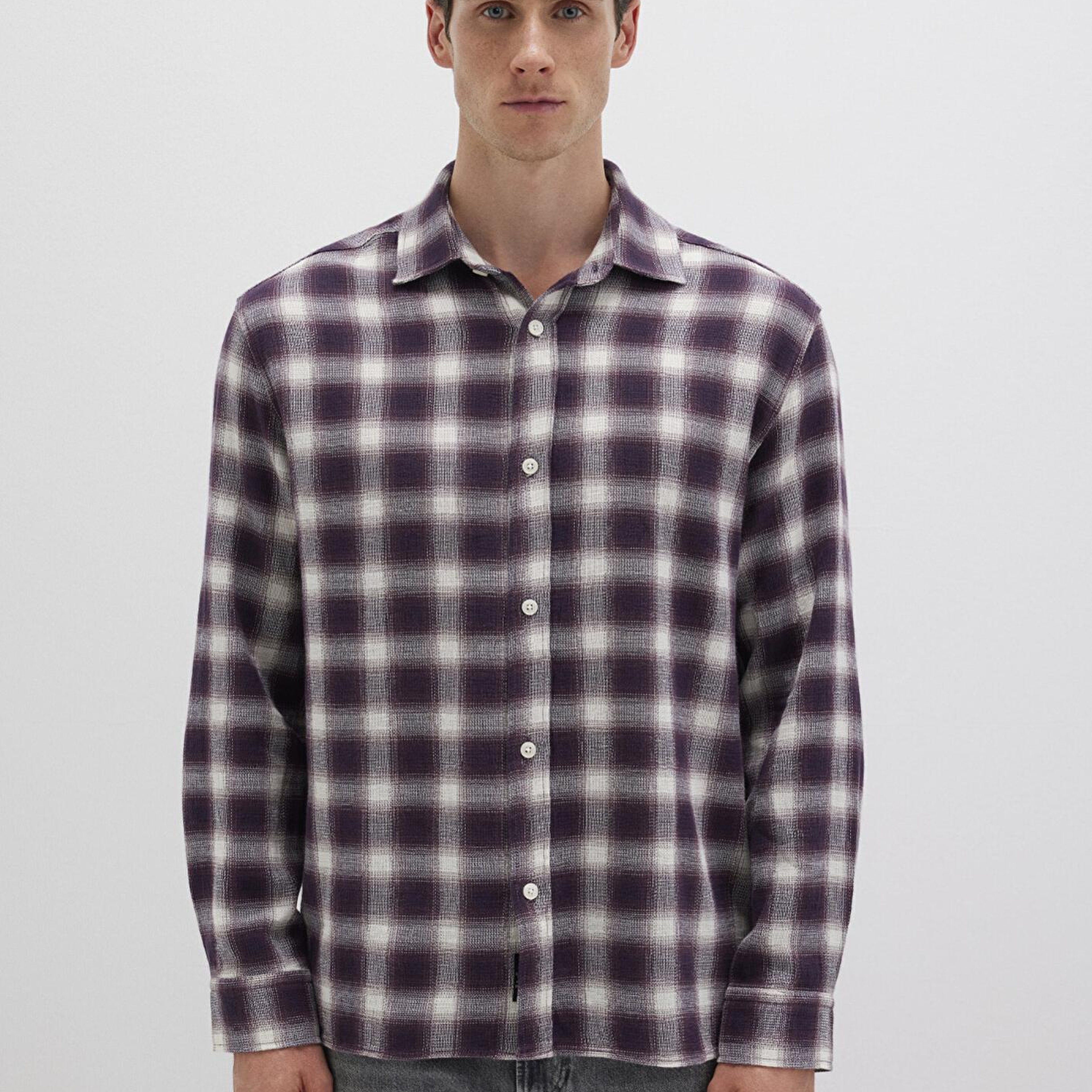 Mavi Kareli Mor Gömlek Loose Fit / Bol Rahat Kesim 0211646-90857