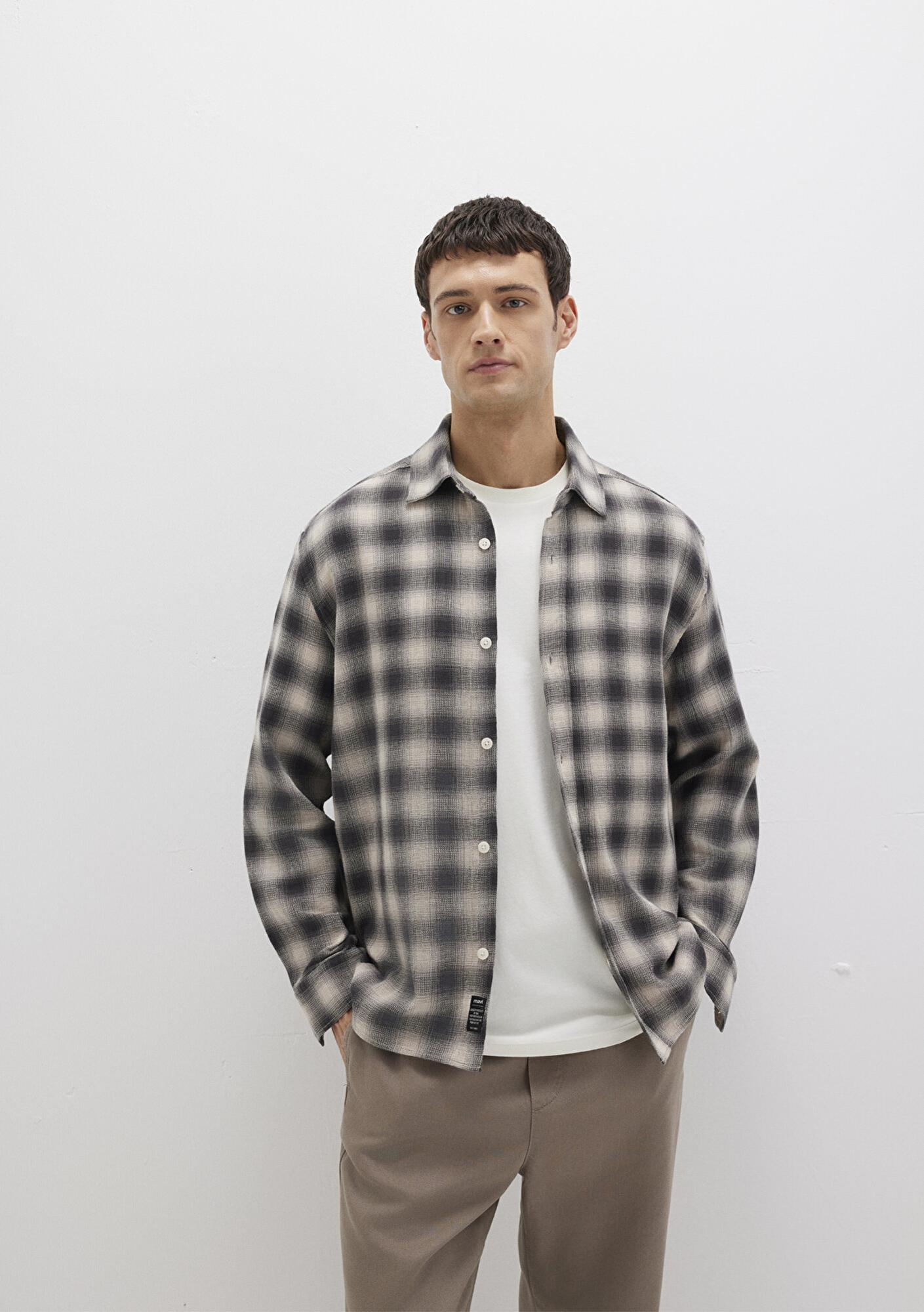 Mavi Kareli Gri Gömlek Loose Fit / Bol Rahat Kesim 0211646-90858