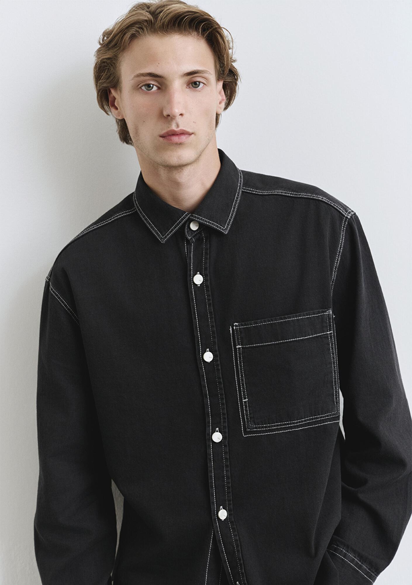 Mavi Dikiş Detaylı Siyah Gömlek Loose Fit / Bol Rahat Kesim 0211688-90850