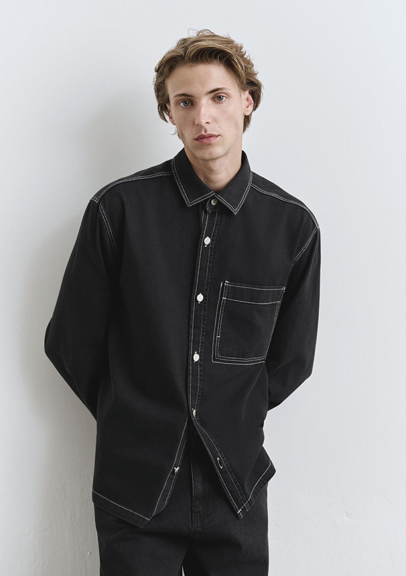 Mavi Dikiş Detaylı Siyah Gömlek Loose Fit / Bol Rahat Kesim 0211688-90850